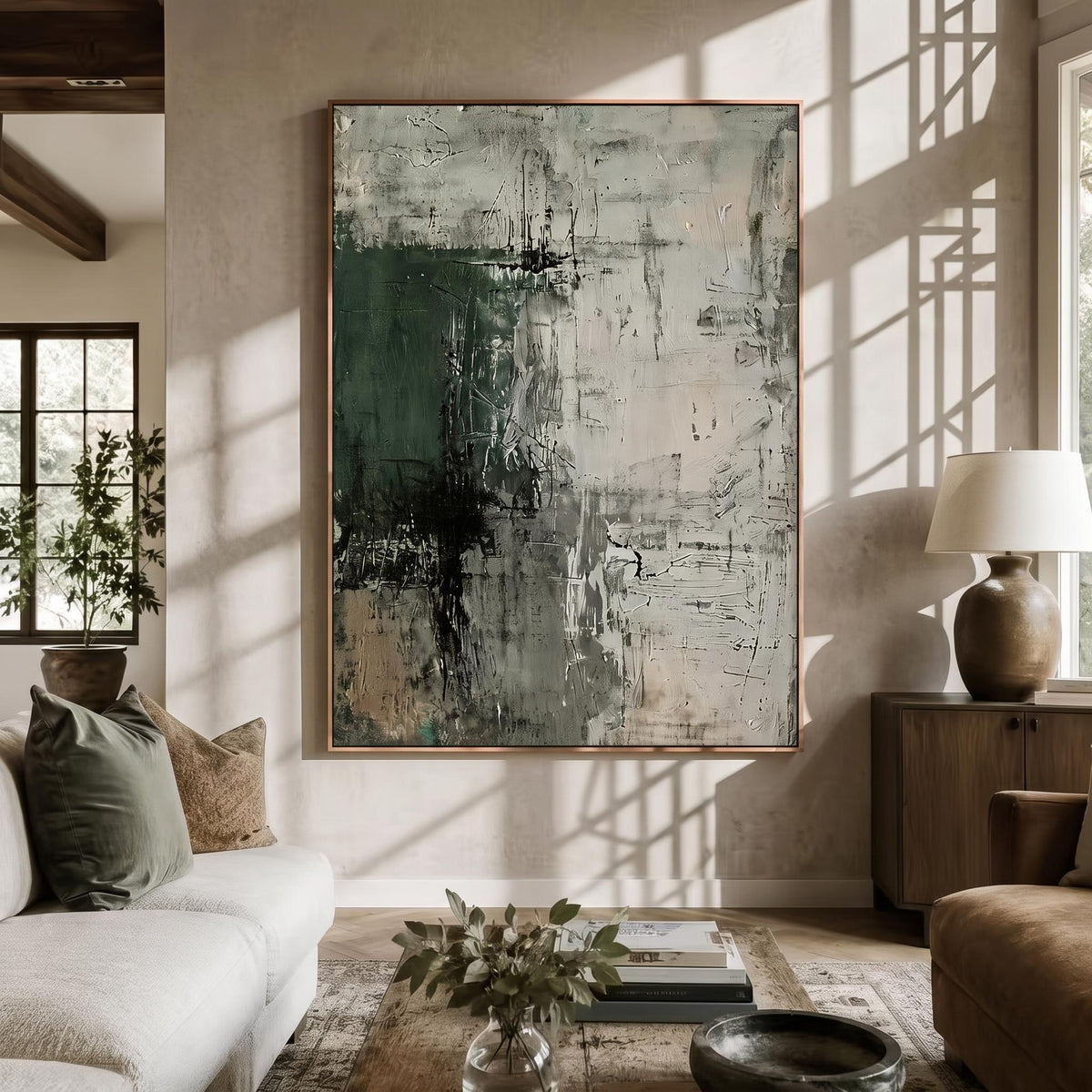 Forest Shadow Imprint – Dark Green Textured Abstract Painting | Contemporary Vertical Wall Art