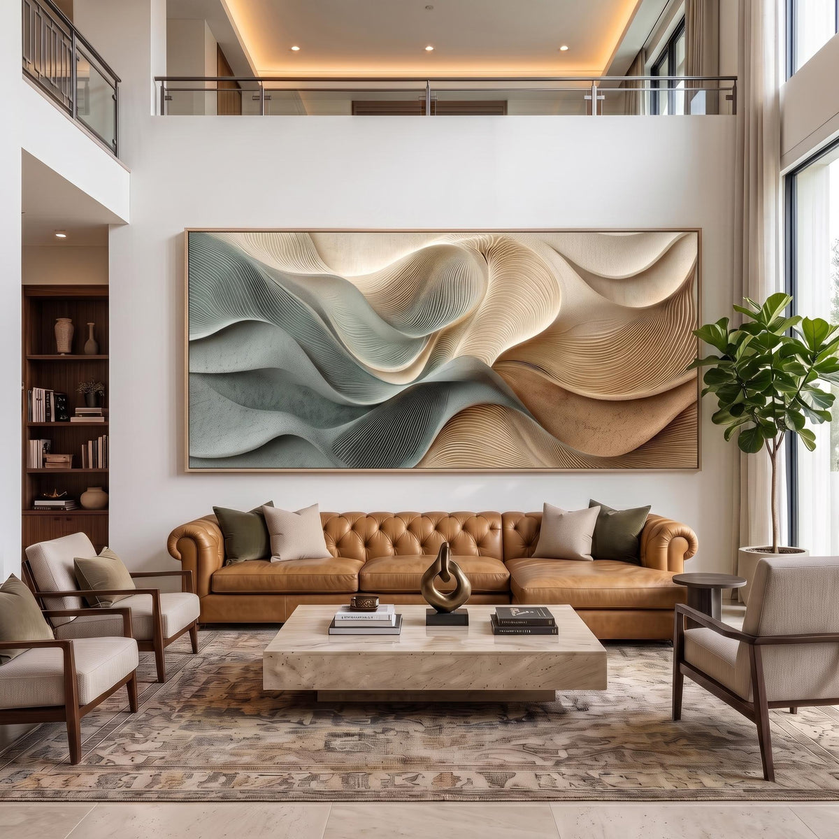Tides Fold Into Sand – Blue Beige Sculptural Abstract Painting | Textured Horizontal Wall Art