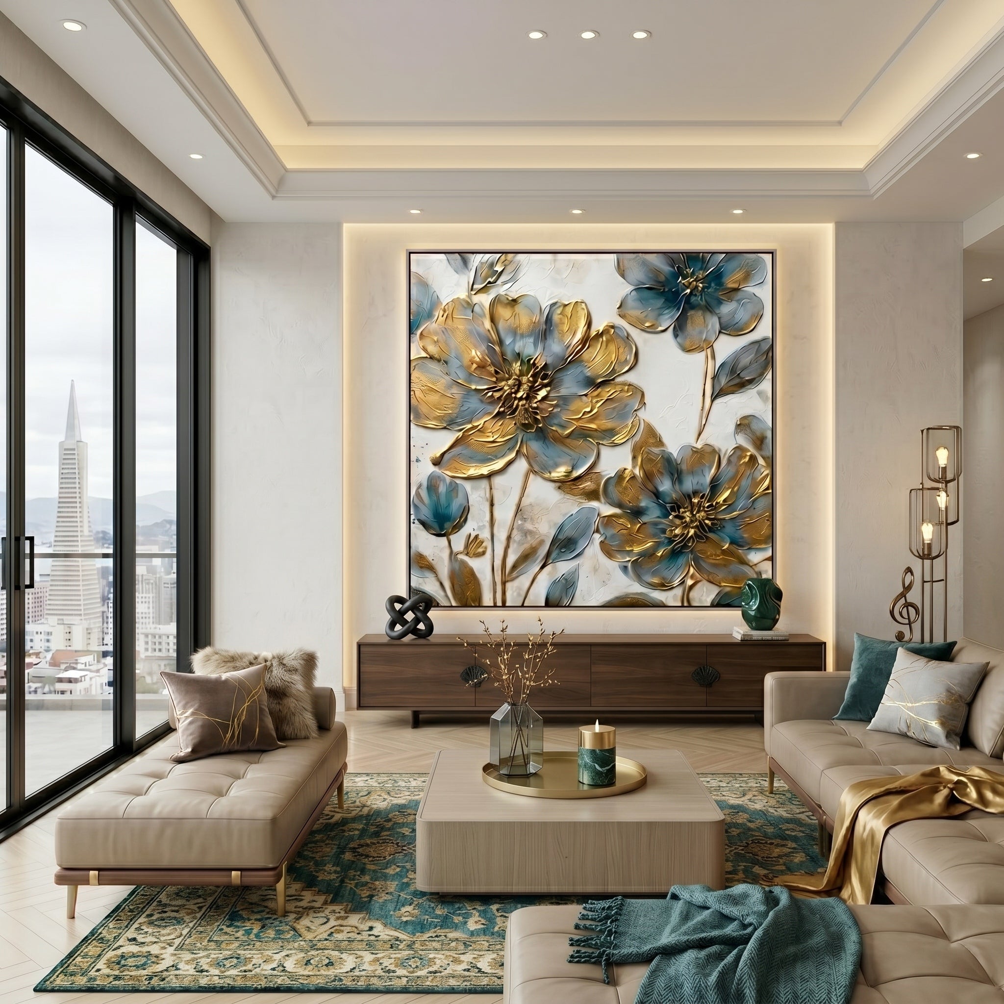 Gilded Azure – Modern Luxury Blue and Gold Impasto Floral Canvas | Elegant Entryway Wall Art