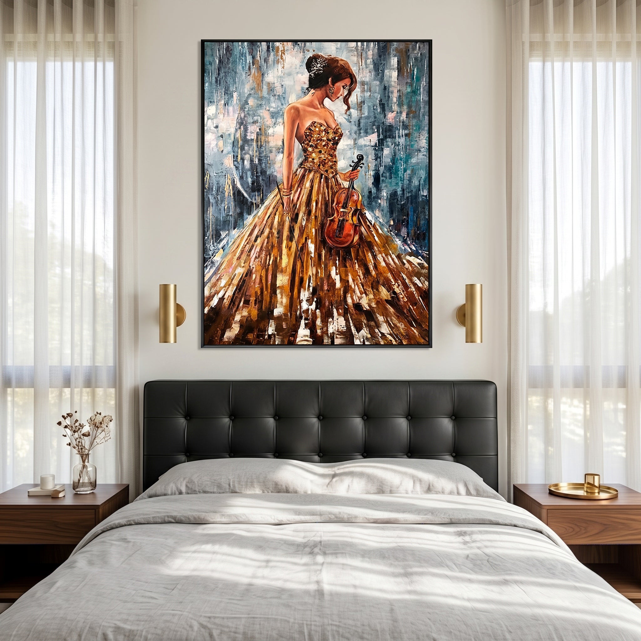 The Golden Prelude – Modern Impressionist Violinist Painting | Elegant Woman in Gold Gown Hallway Art