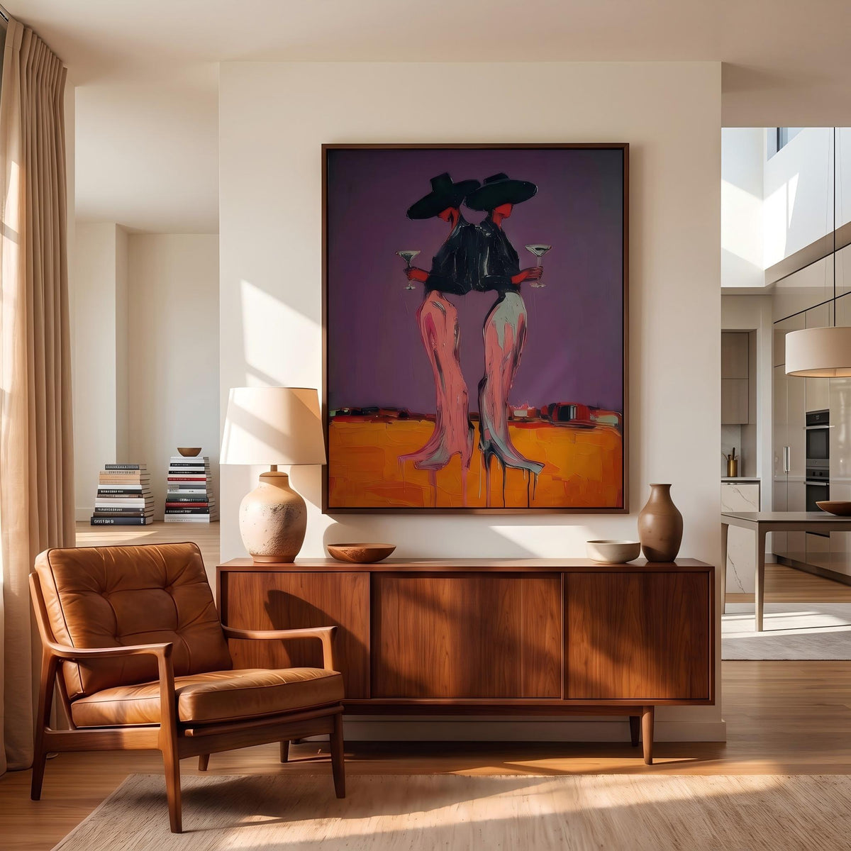 Two Cowgirls After Sunset – Pop Art Western Women Painting | Bold Purple Vertical Wall Art