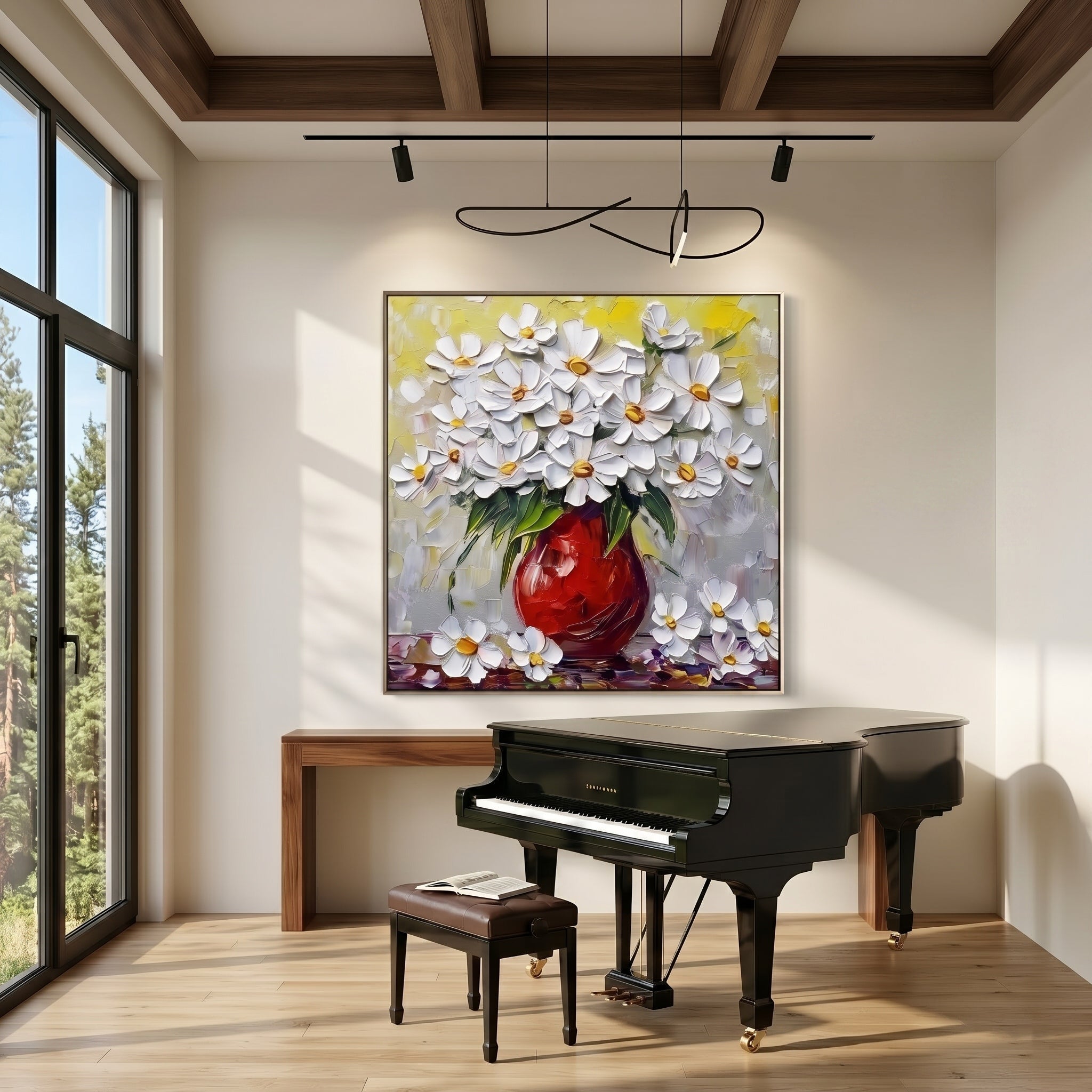 Ode to Midsummer – Impasto Painting of a Red Vase with White Chrysanthemums | Rustic-Style Entryway Art