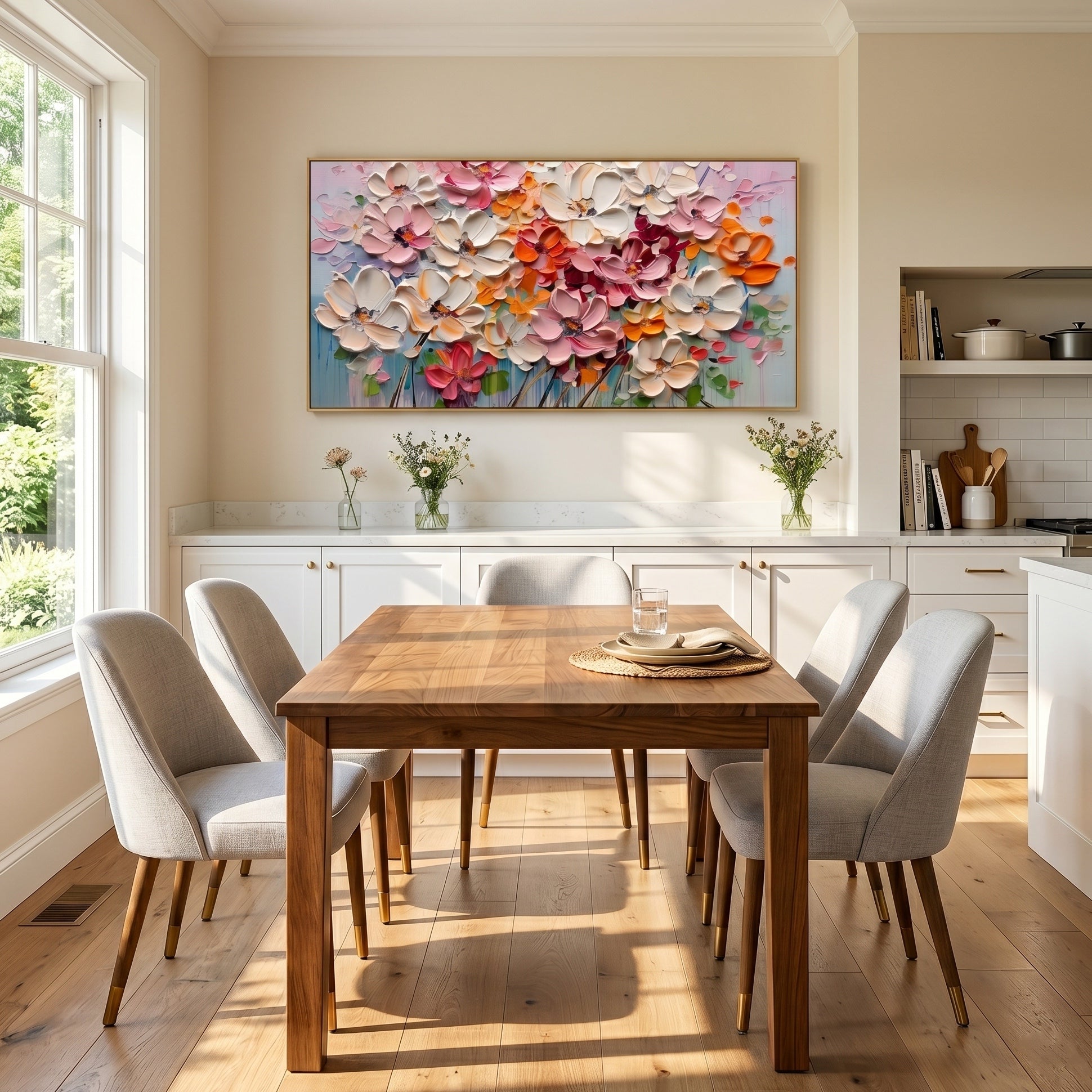 Petals in Poetry – Modern Impasto Floral Oil Painting | Textured Creamy Style Living Room Art