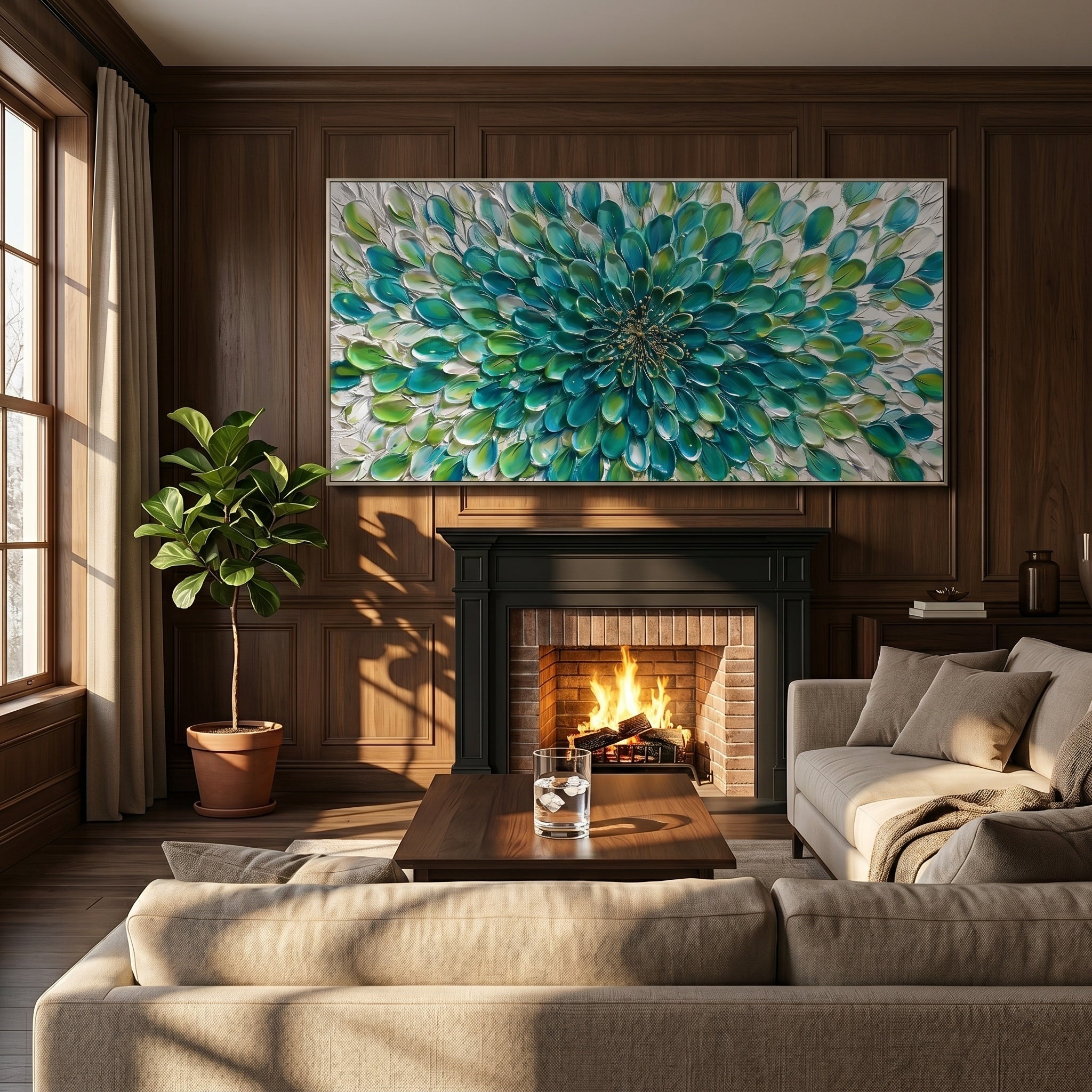 Emerald Rhythm – Modern Impasto Abstract Oil Painting | Textured Floral Panorama Living Room Art