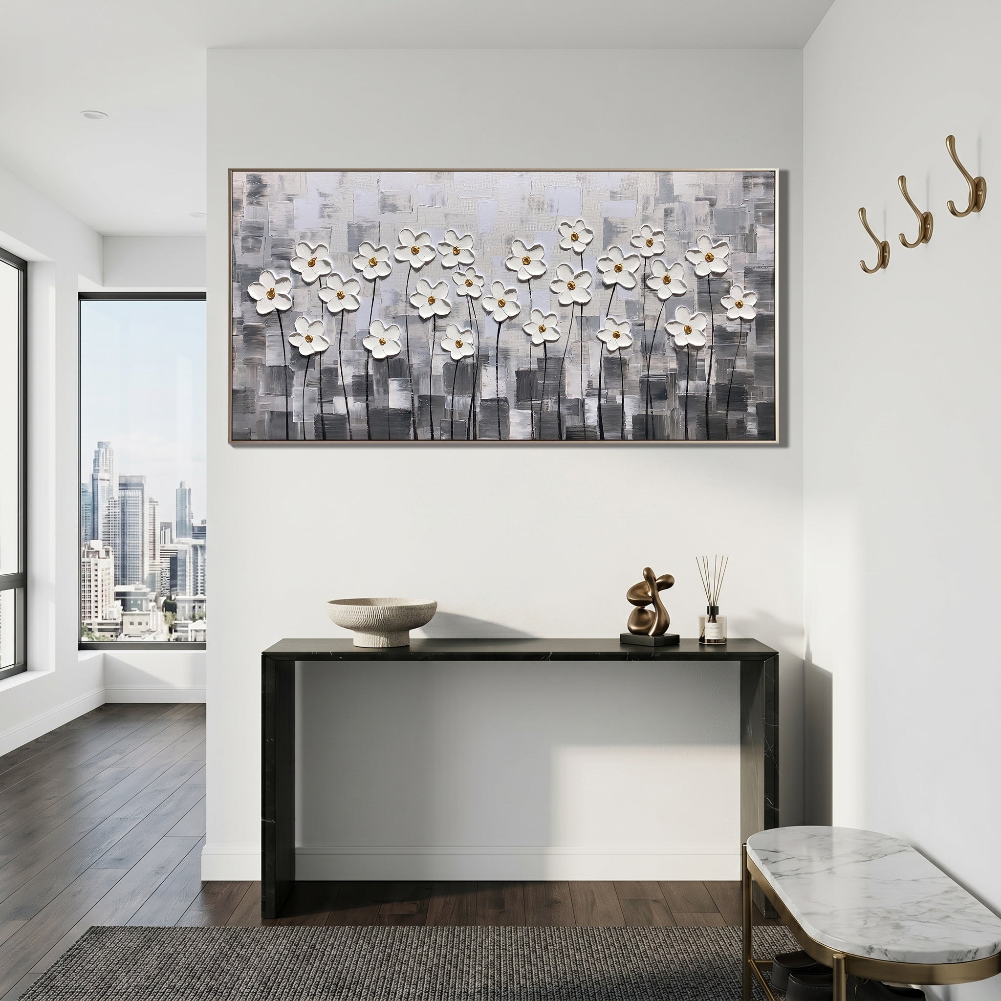Silent Bloom – Modern Minimalist Gray and White Impasto Floral Canvas | Luxury Living Room Wall Art