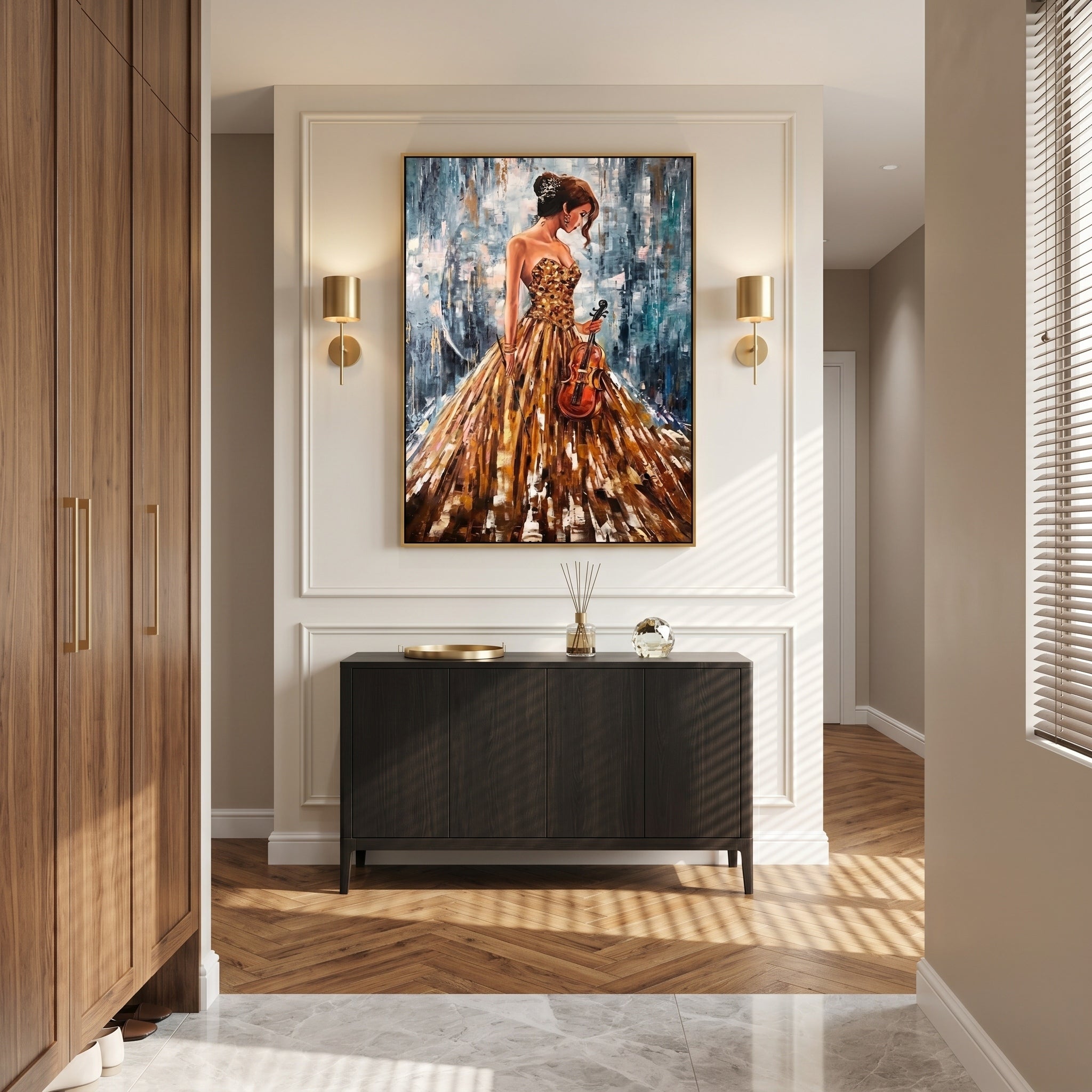 The Golden Prelude – Modern Impressionist Violinist Painting | Elegant Woman in Gold Gown Hallway Art
