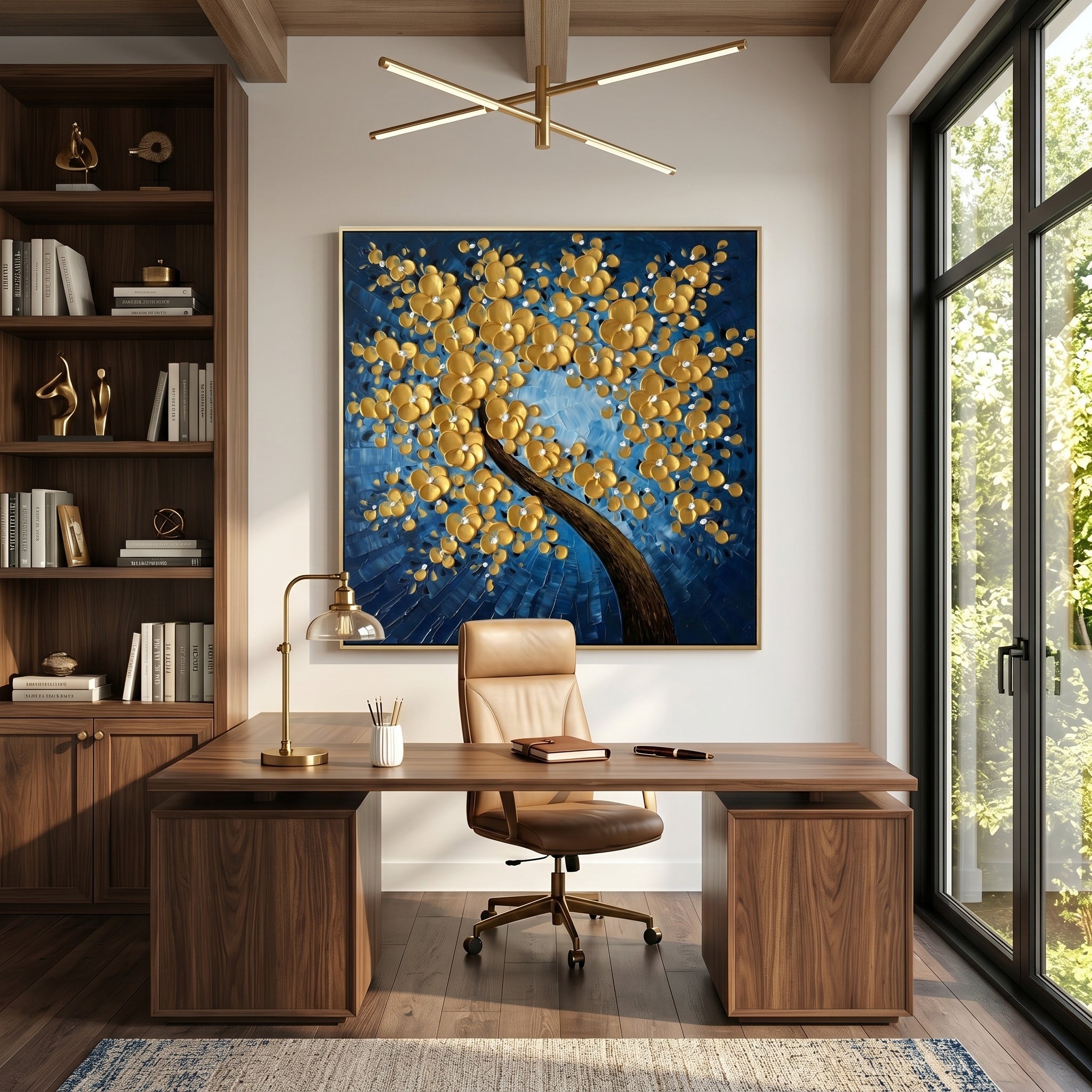 Azure Radiance – Blue & Gold Impasto Floral Tree Oil Painting | Modern Luxury Entryway Square Wall Art