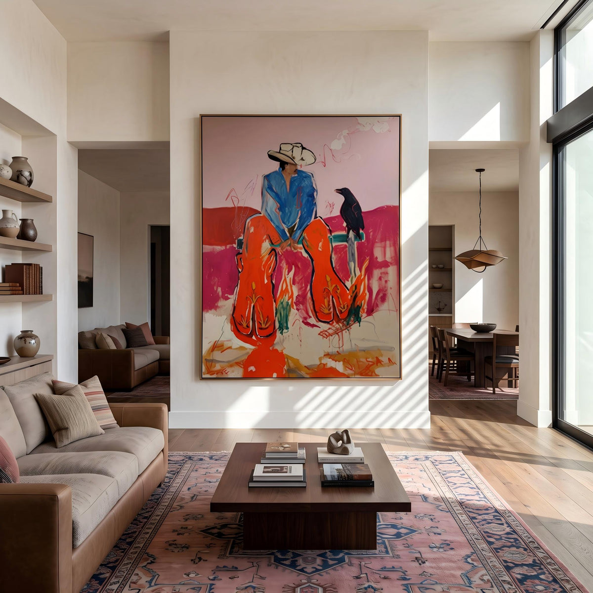 Crow Keeps Cowboys Company – Pop Art Western Figures Painting | Bright Orange Vertical Wall Art