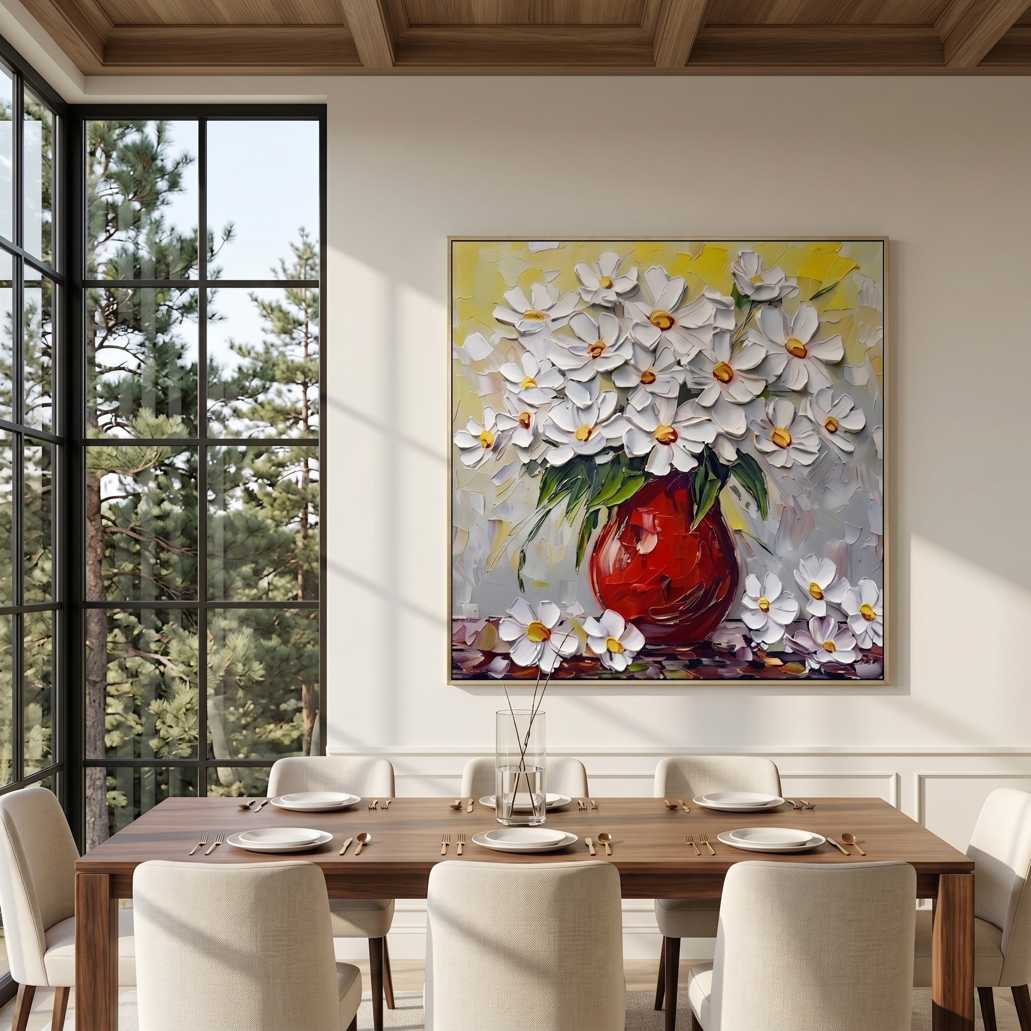 Ode to Midsummer – Impasto Painting of a Red Vase with White Chrysanthemums | Rustic-Style Entryway Art