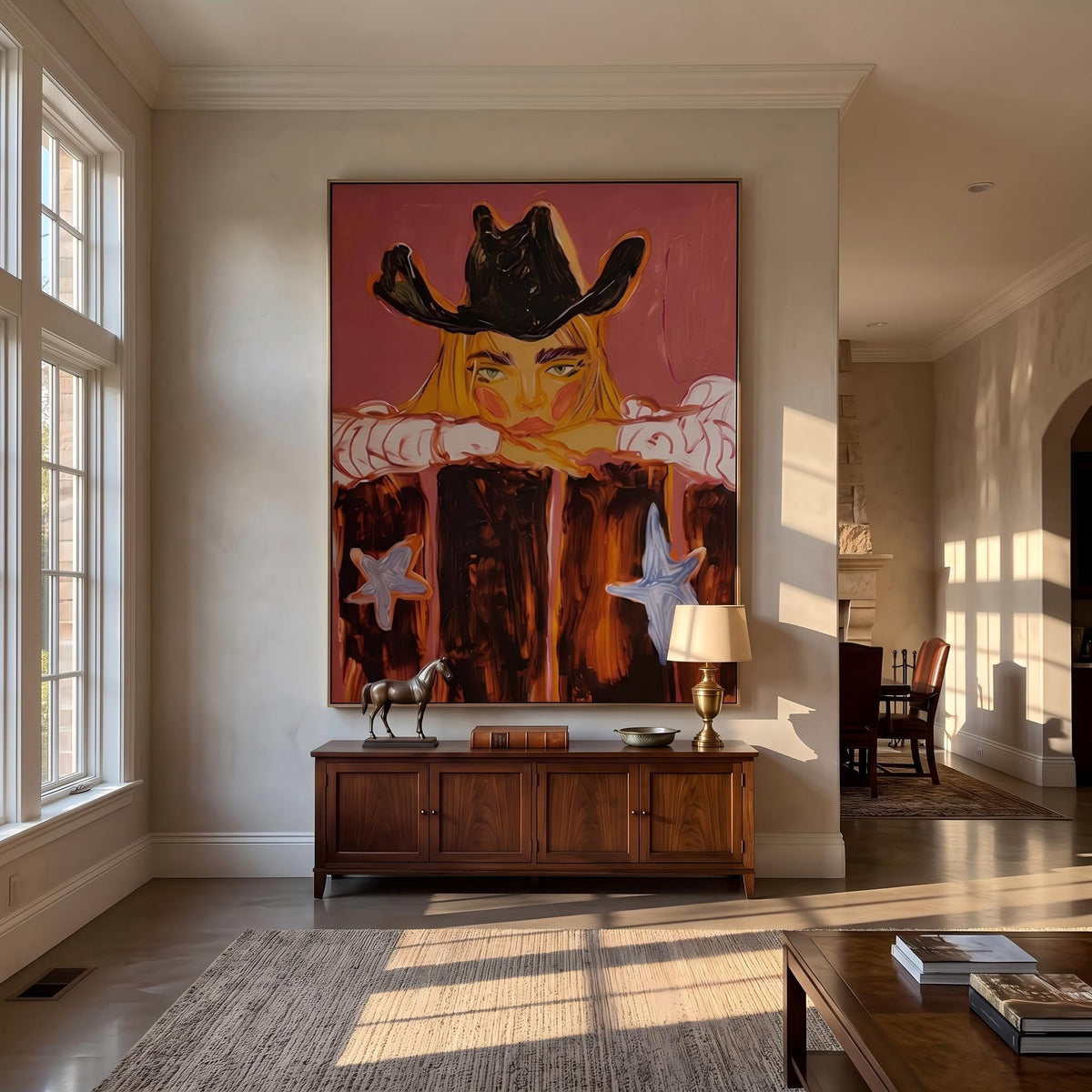 Cowboy Leans Through Sunset – Pop Art Western Figure Painting | Warm Red Vertical Wall Art