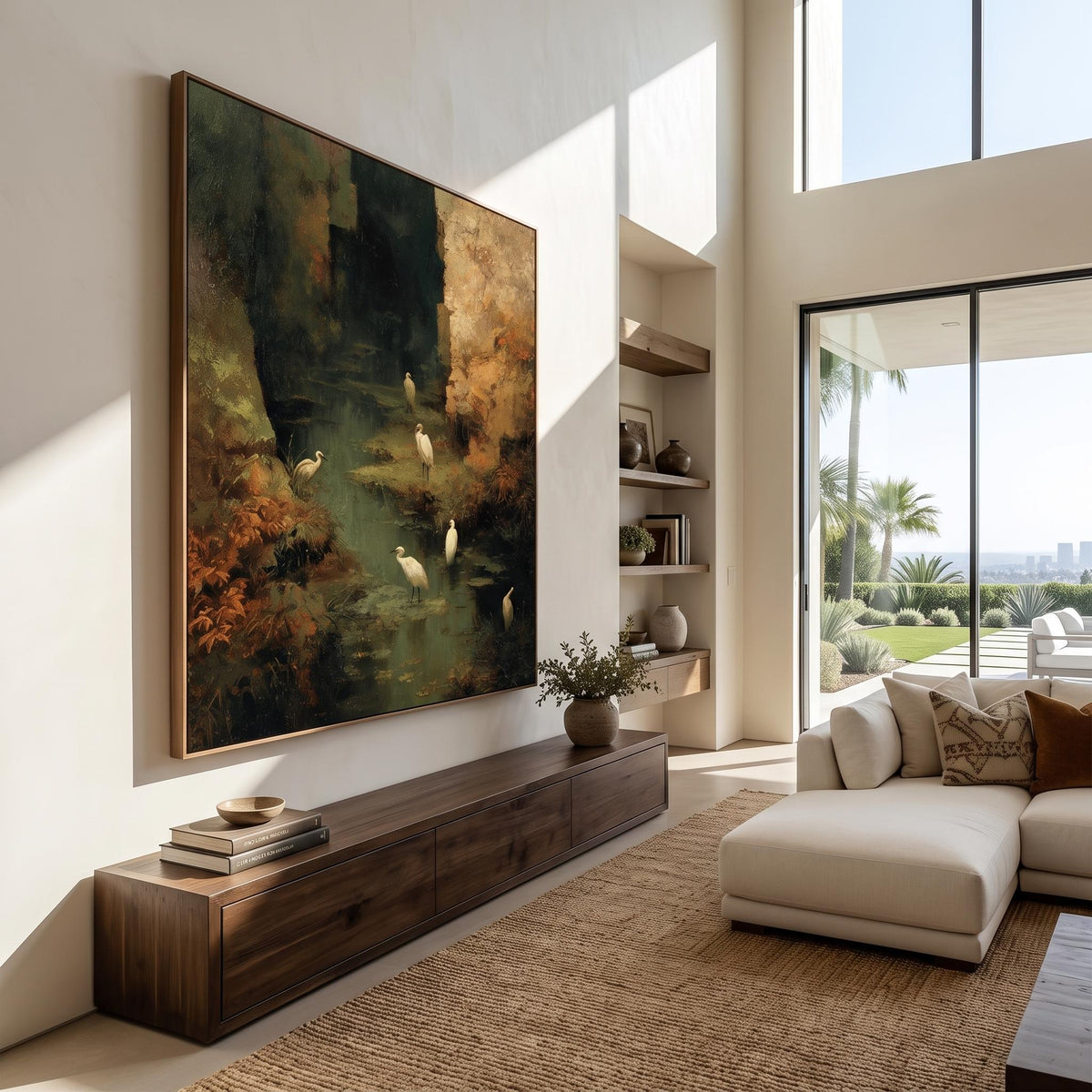 Egrets Through Emerald Marsh – Green Wetland Bird Painting | Impressionist Vertical Wall Art