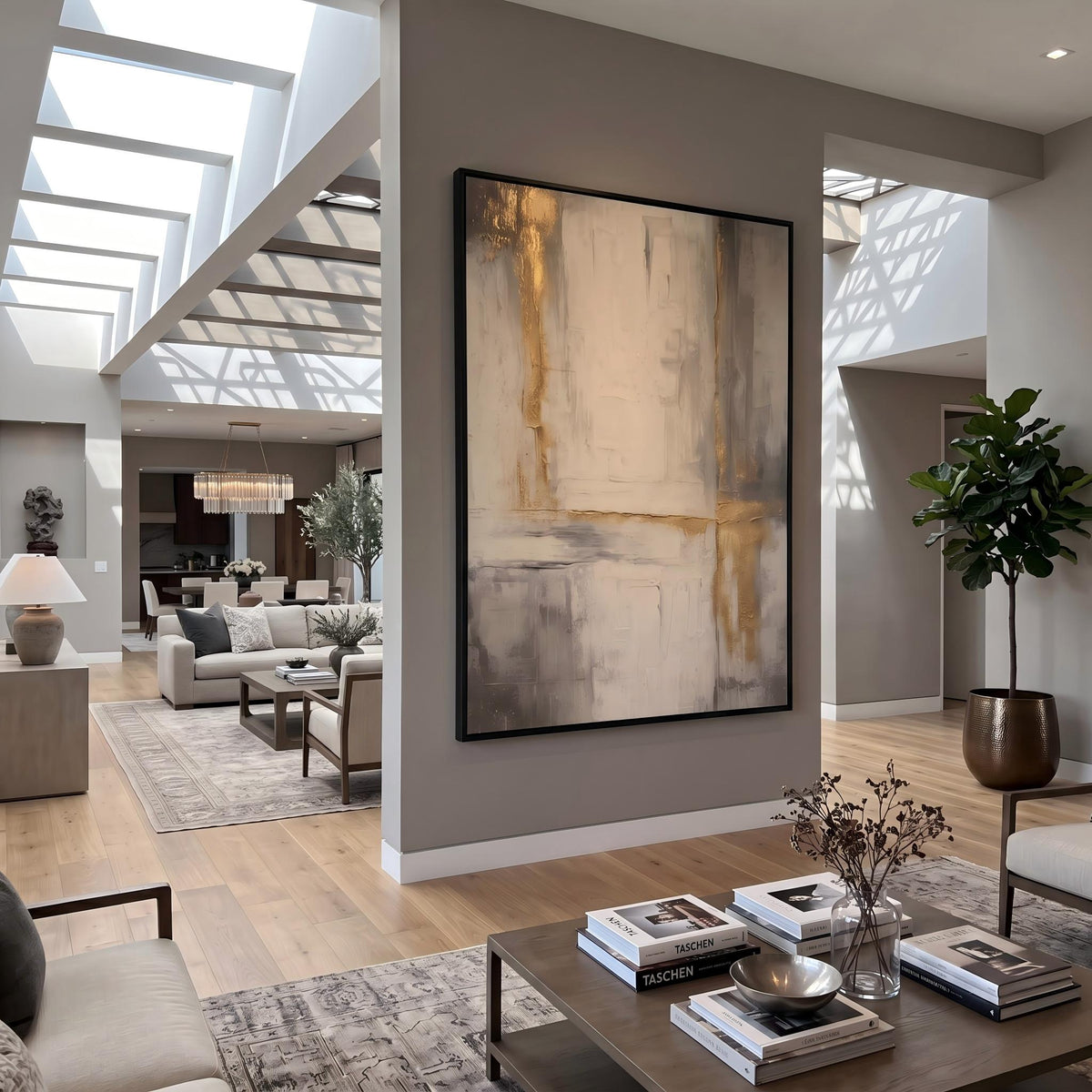 Gilded Lines Through Stone – Neutral Gold Abstract Painting | Contemporary Vertical Wall Art
