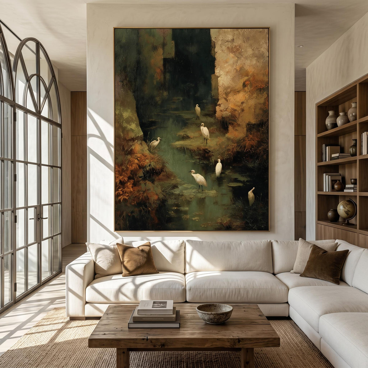 Egrets Through Emerald Marsh – Green Wetland Bird Painting | Impressionist Vertical Wall Art