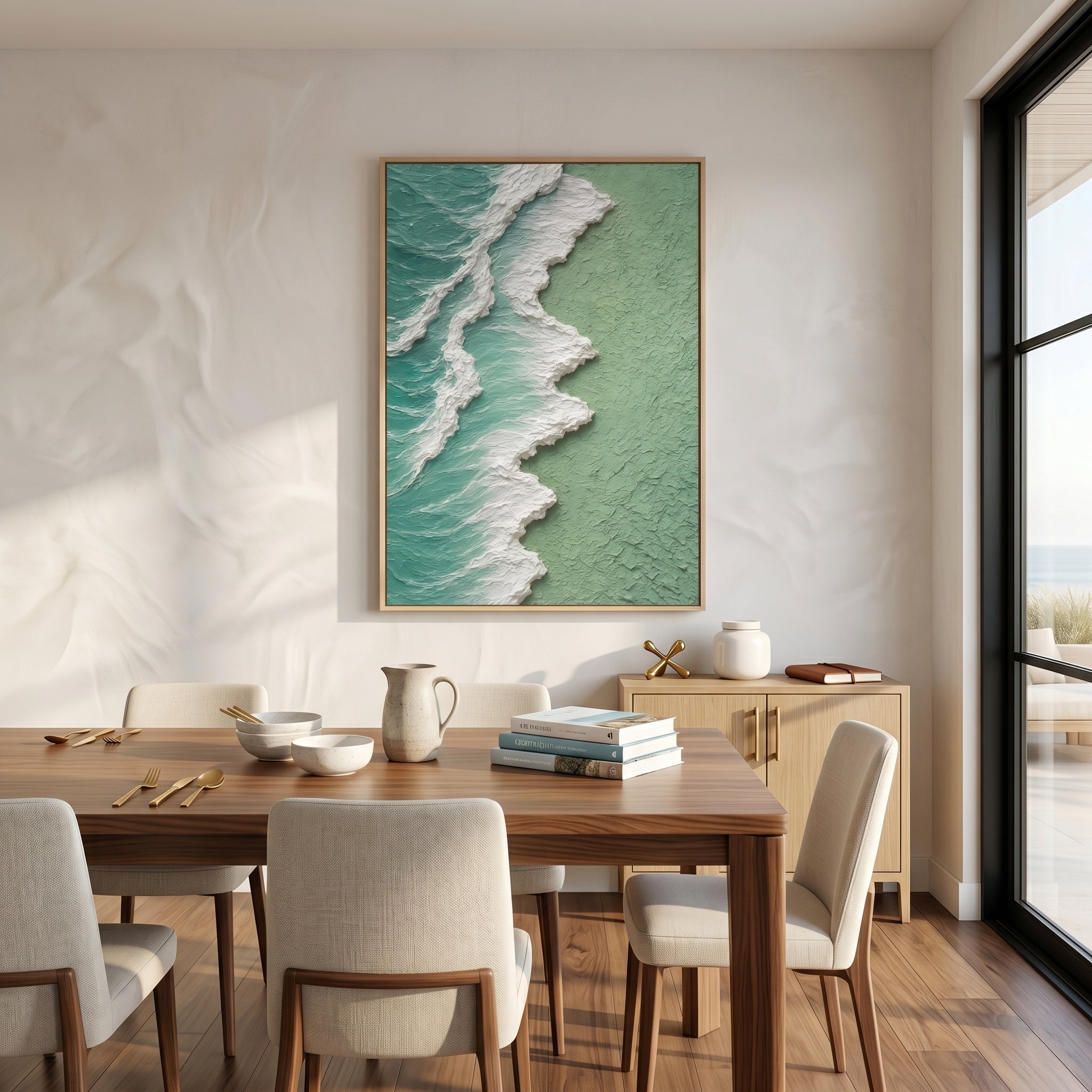 Ocean's Pulse – Modern Impasto Textured Painting | Creative Wabi-Sabi Mint Sea Wave Entryway Art