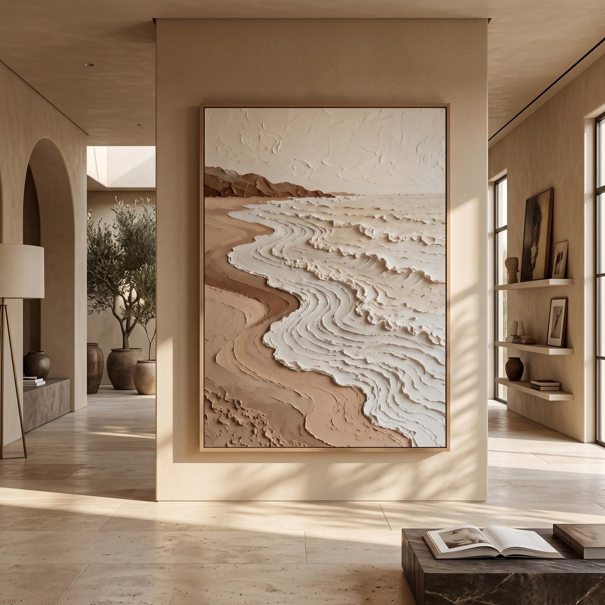 Shorelines Etched in Cream – Neutral Contour Abstract Painting | Textured Vertical Wall Art