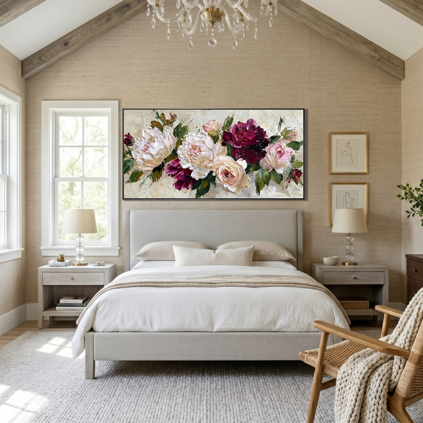 Velvet Kiss – Modern Impasto Burgundy and Cream Peony Canvas | Luxury Romantic Living Room Art