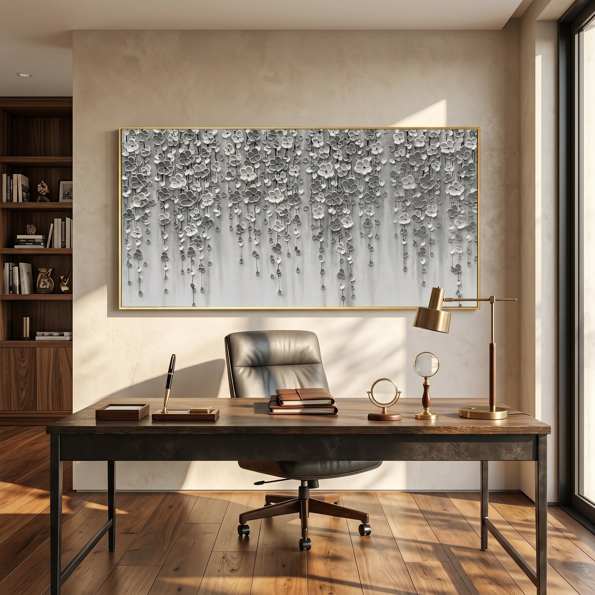 Whispering Shadows – Modern Minimalist Monochrome Oil Painting | Impasto Cascading Petal Living Room Art