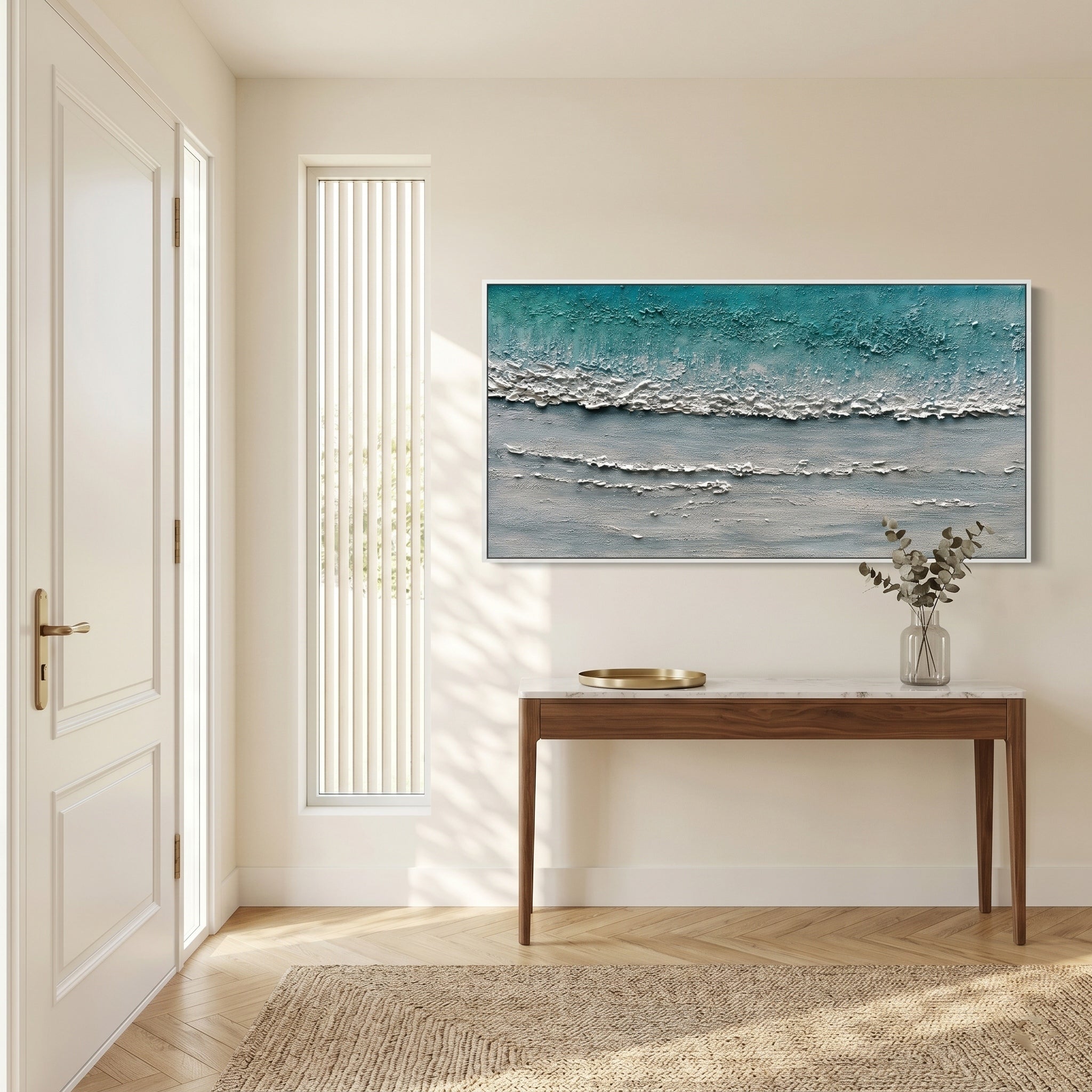 Azure Realm – Wabi sabi style turquoise thickly applied  texture painting | Modern minimalist living room art