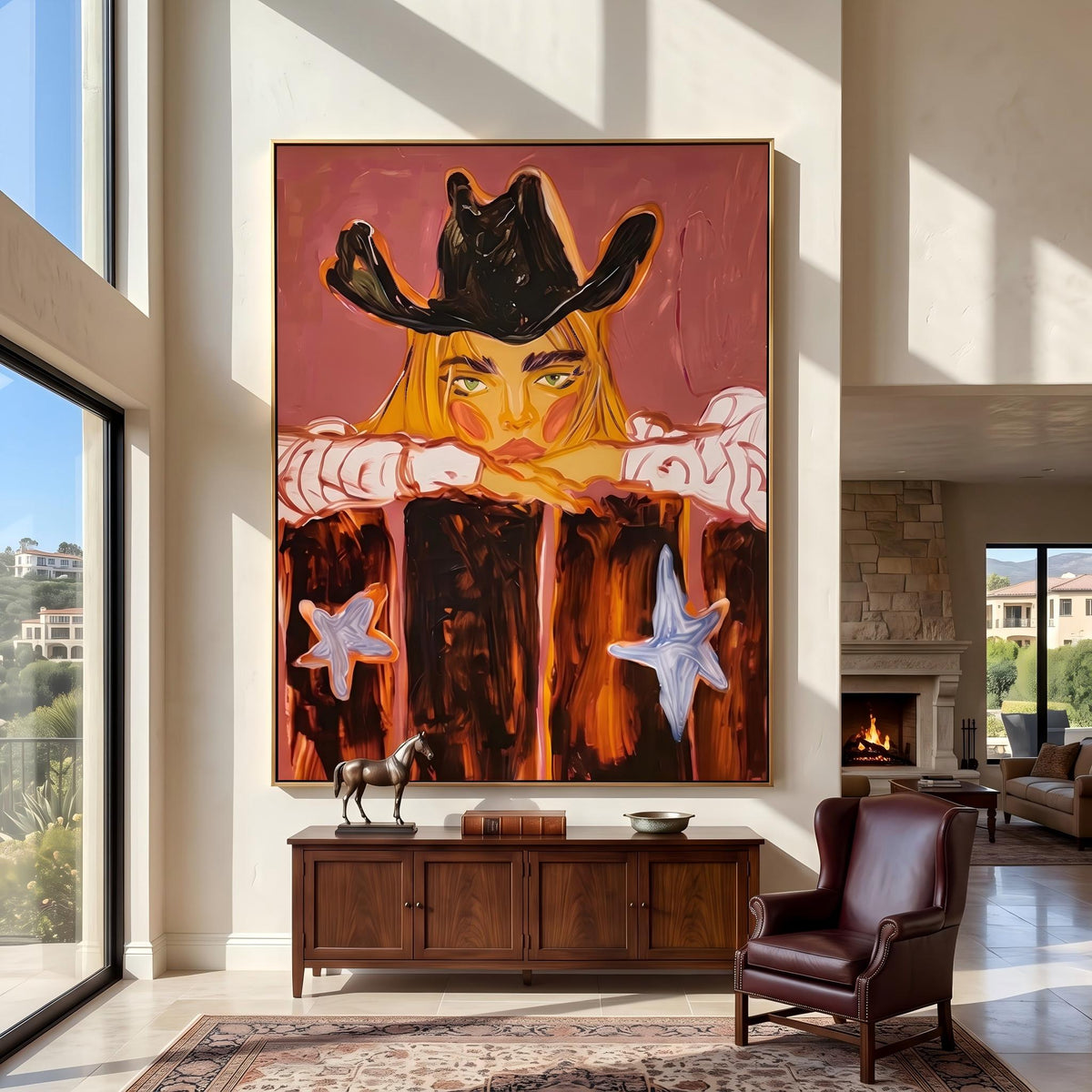 Cowboy Leans Through Sunset – Pop Art Western Figure Painting | Warm Red Vertical Wall Art