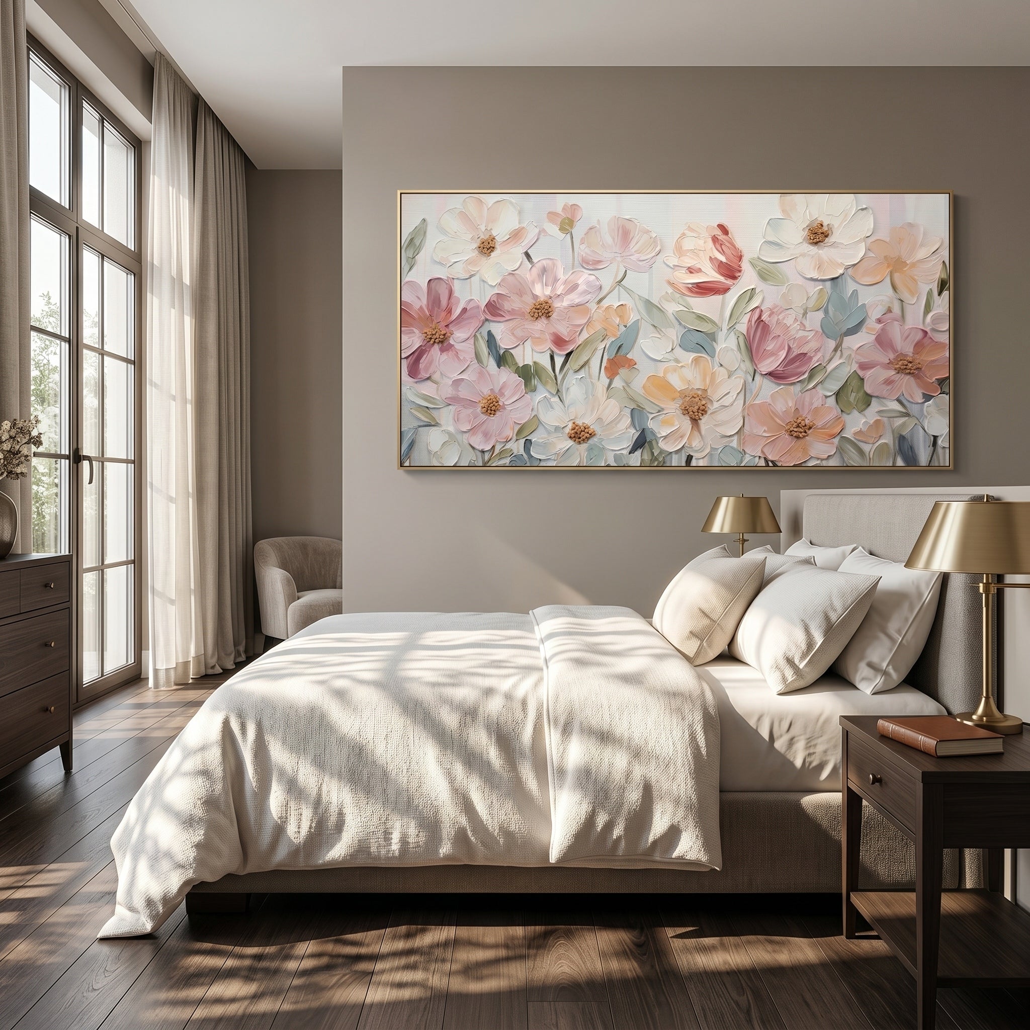 Morning Dew Whispers – Modern Impasto Pastel Blush Floral Canvas | Romantic Living Room Wall Art