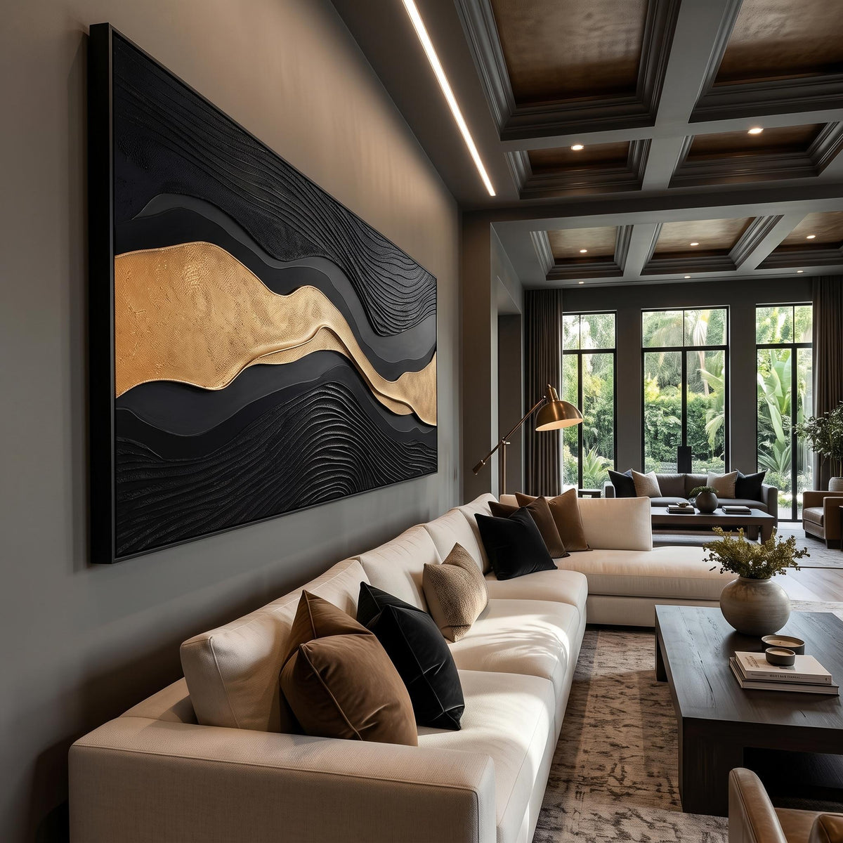 Black River of Gold – Black Gold Layered Abstract Painting | Textured Horizontal Wall Art