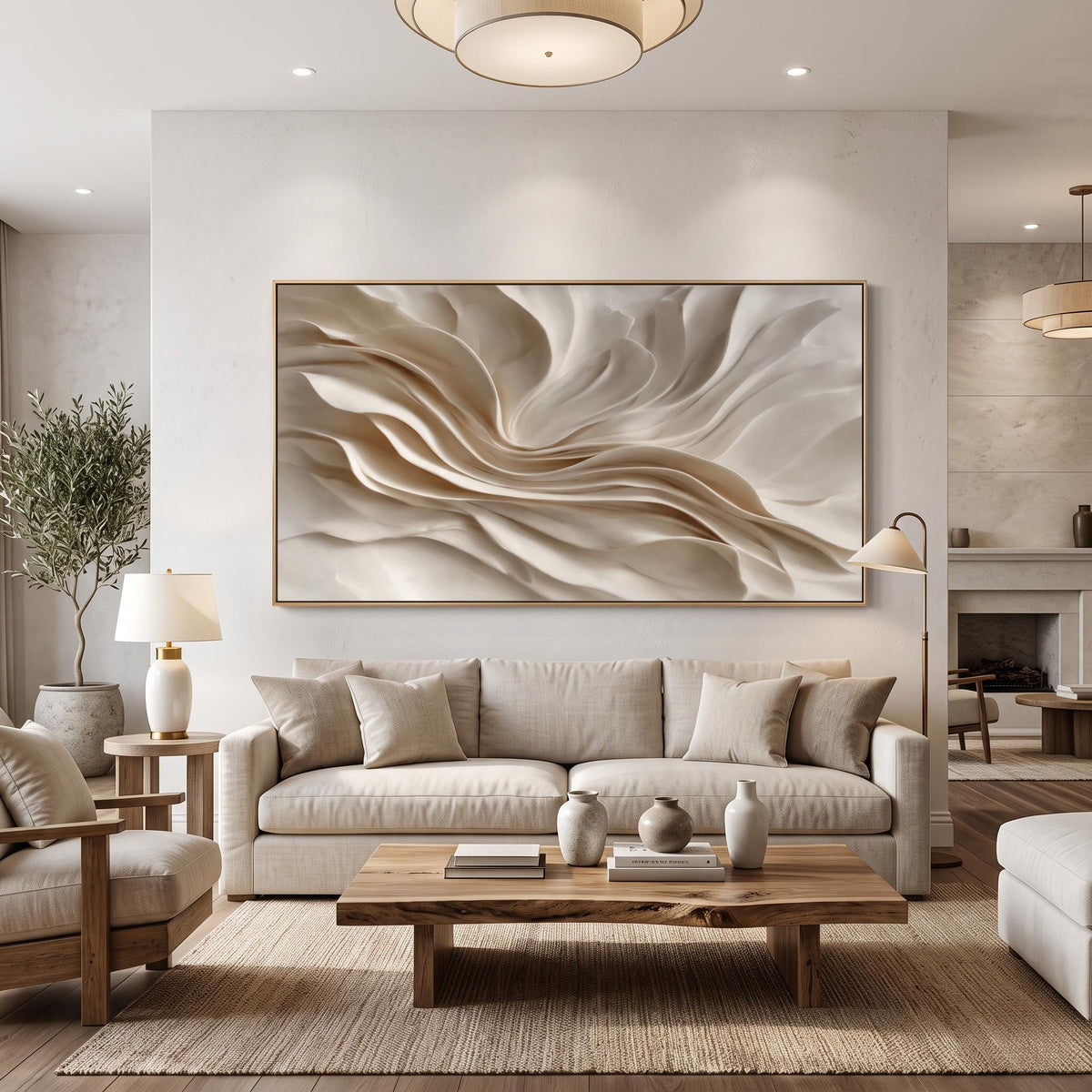 Ivory Folds in Bloom – Cream Sculptural Abstract Painting | Textured Horizontal Wall Art