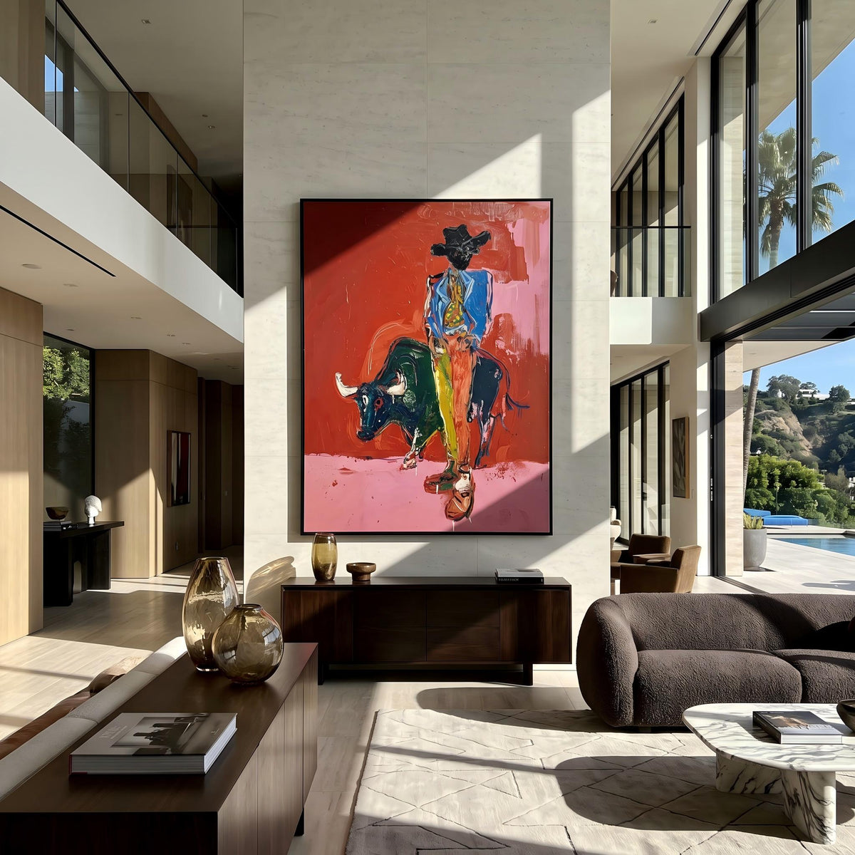 Blue Rider Meets Bull – Pop Art Bull Rider Painting | Bold Pink Vertical Wall Art
