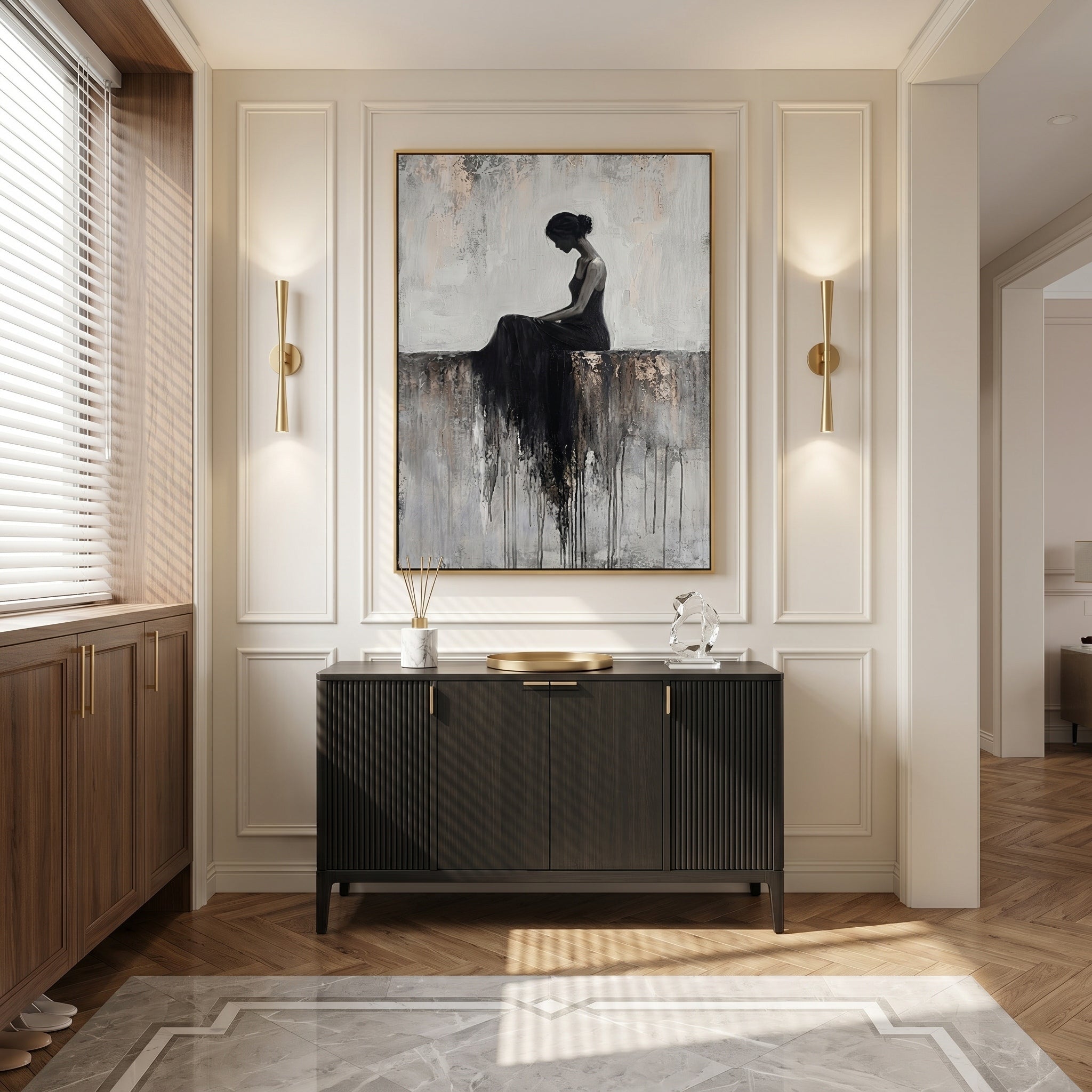 Soul's Sanctuary – Modern Figurative Impasto Black Dress Painting | Minimalist Bedroom Wall Art
