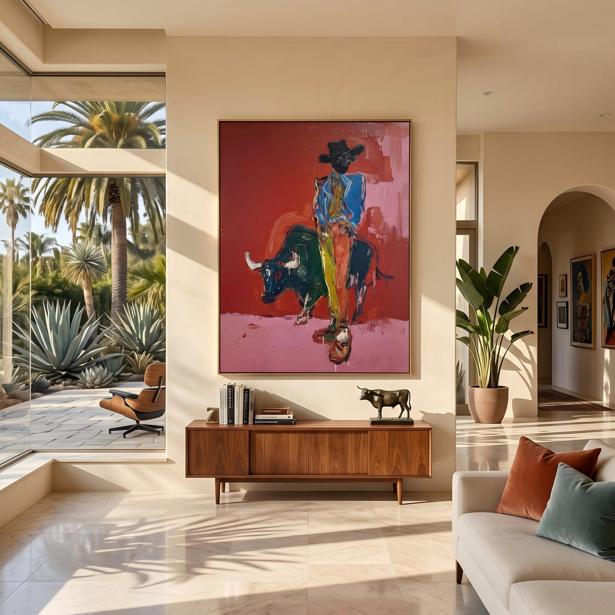 Blue Rider Meets Bull – Pop Art Bull Rider Painting | Bold Pink Vertical Wall Art