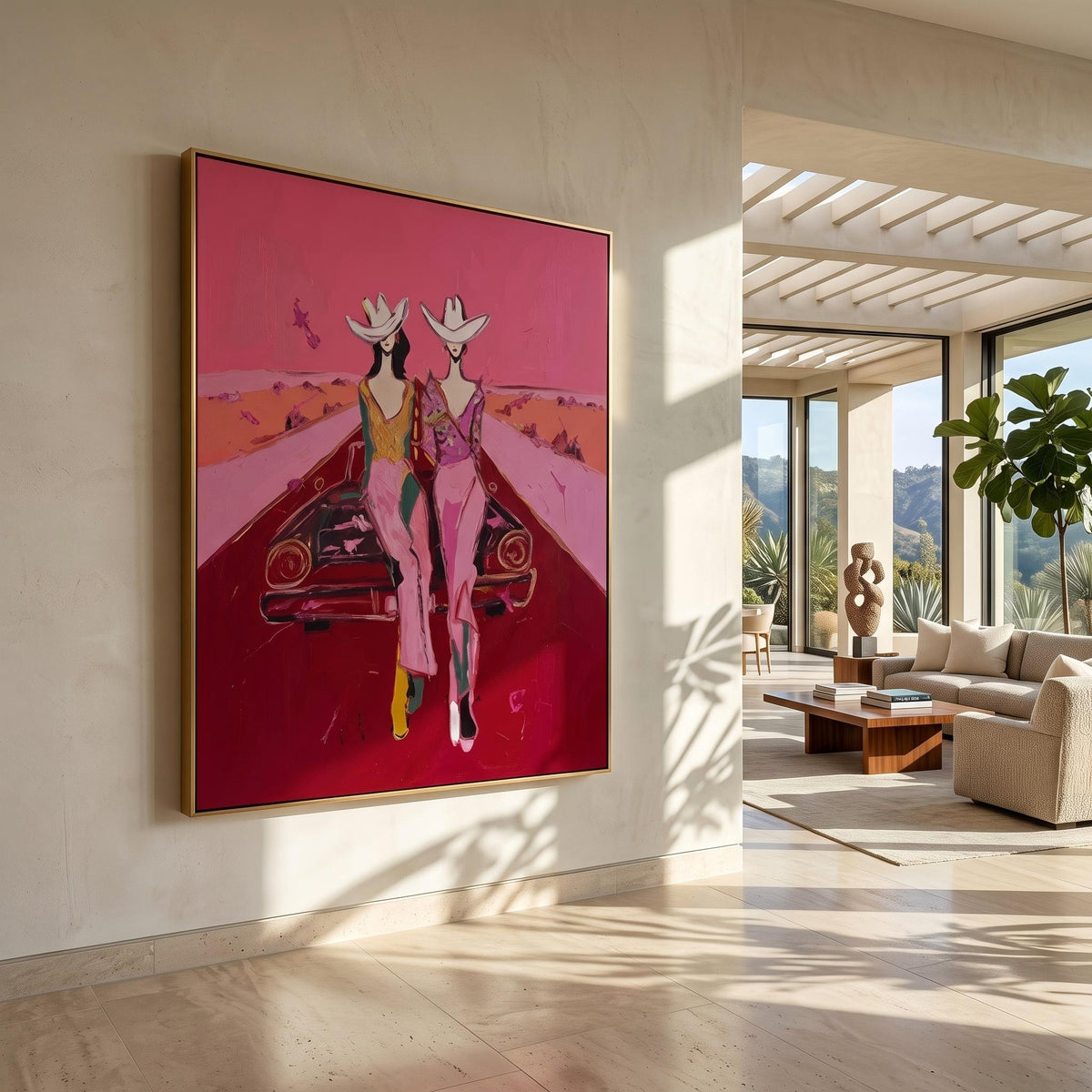 Cowgirls Meet the Horizon – Pop Art Western Friends Painting | Bold Pink Vertical Wall Art