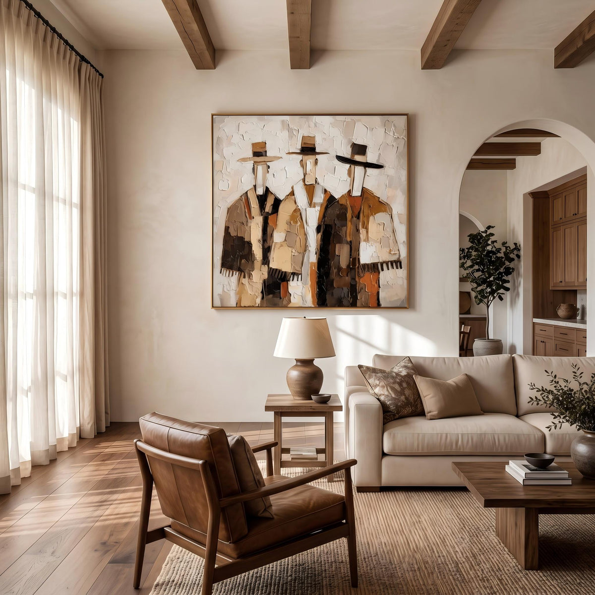 Three Hats at Noon – Textured Three Cowboy Painting | Vintage Americana Square Wall Art