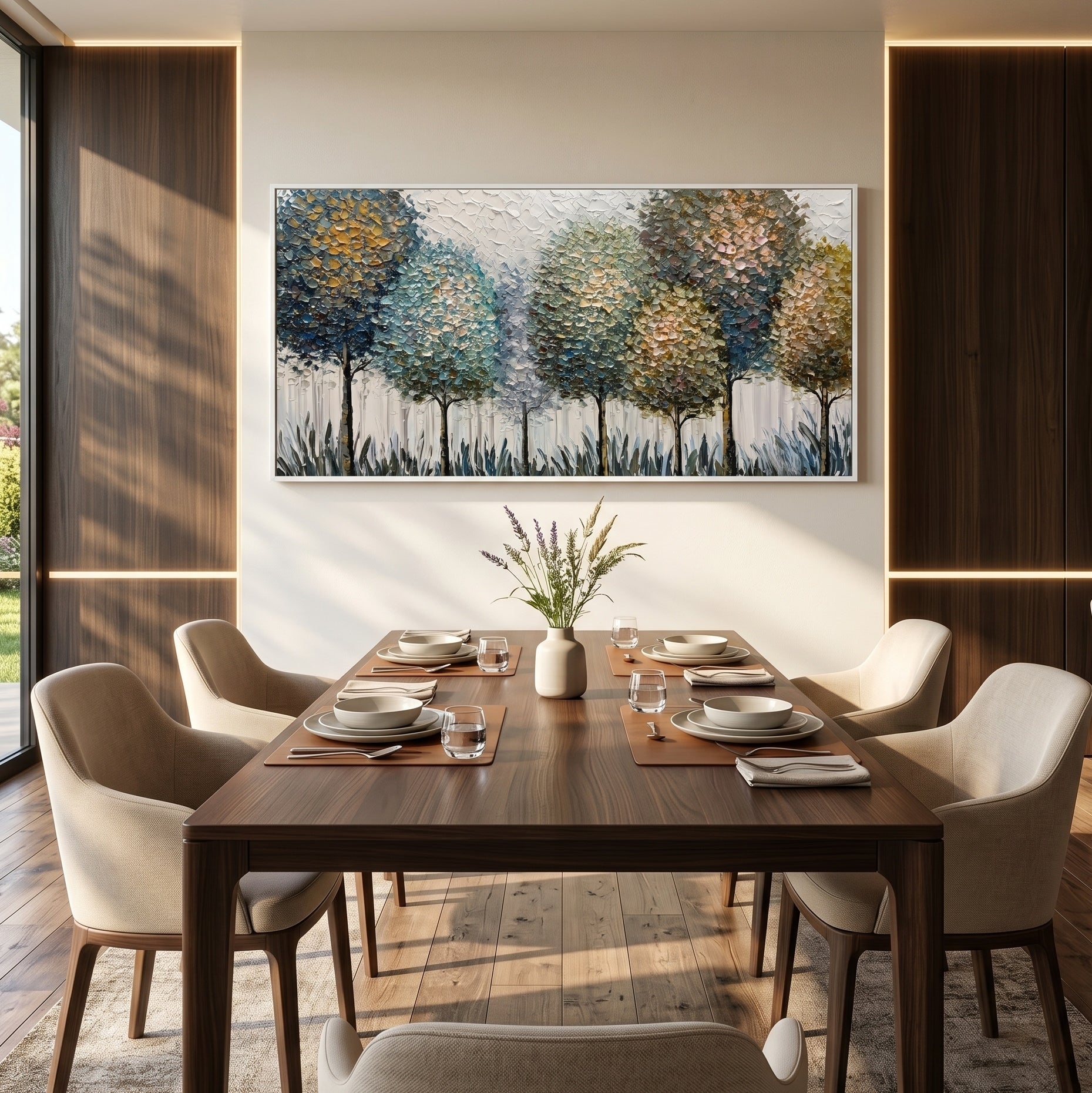 Morning Whispers – Blue-Grey & Gold Impasto Abstract Tree Landscape | Modern Luxury Bedroom Art