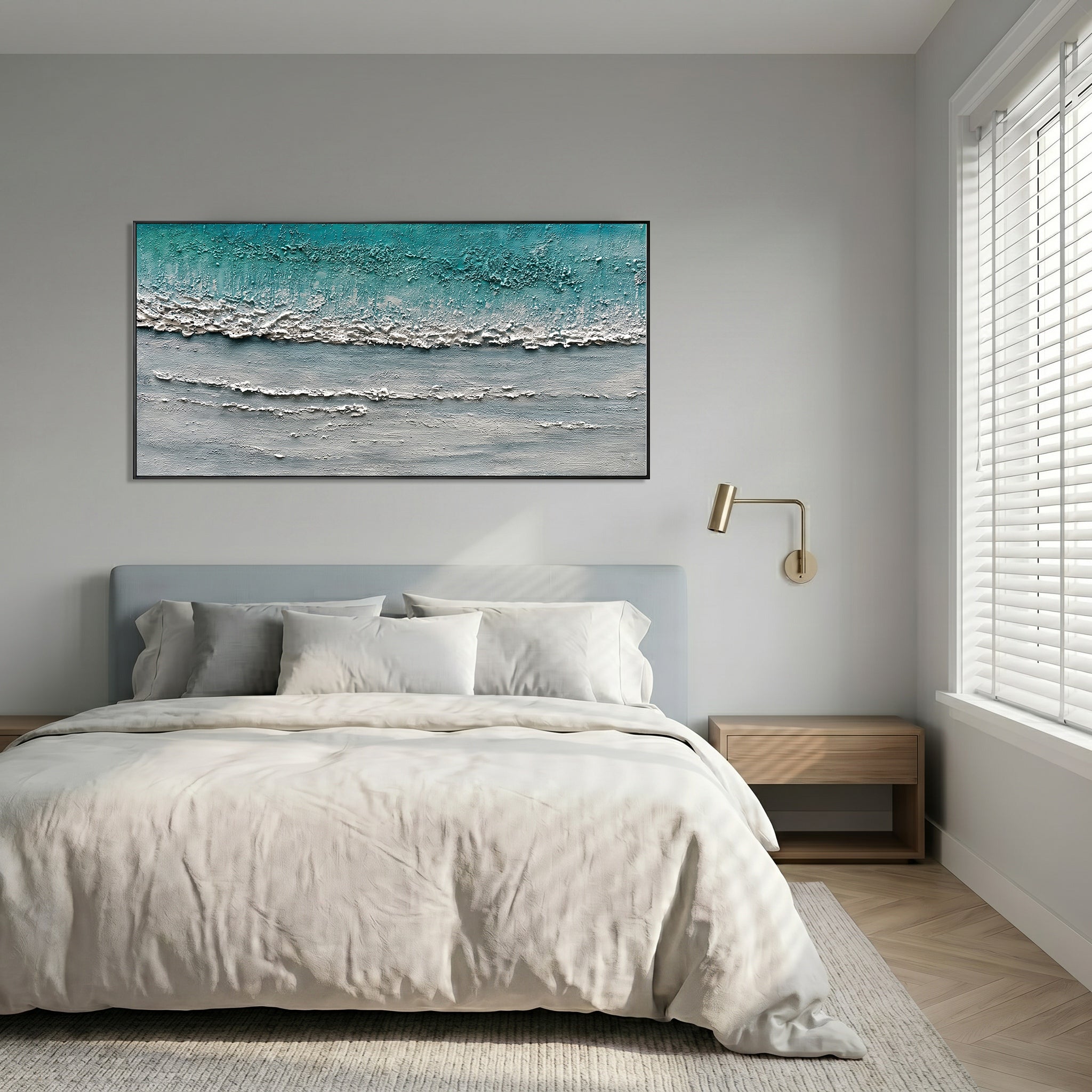 Azure Realm – Wabi sabi style turquoise thickly applied  texture painting | Modern minimalist living room art