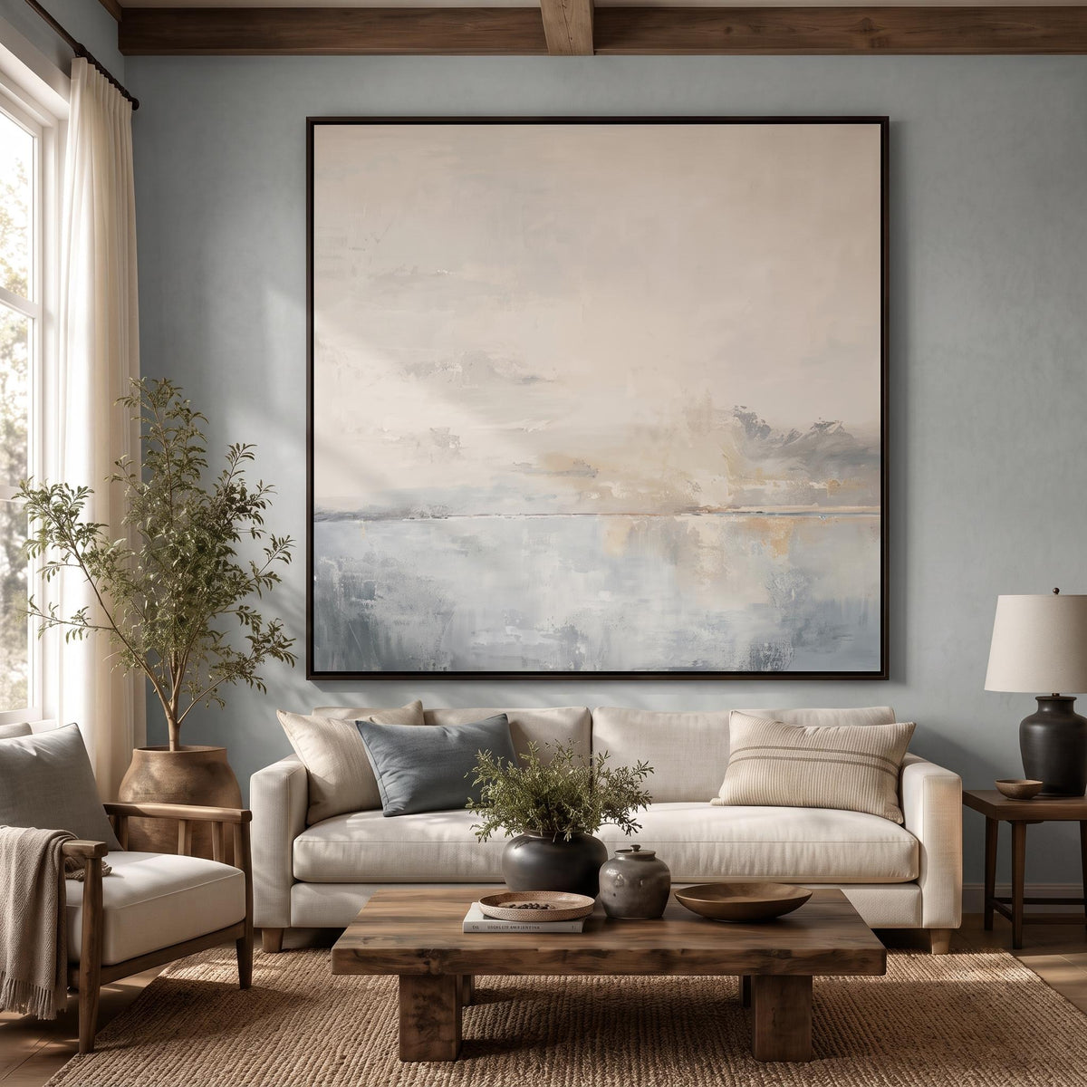 Horizon Fades to Pearl – Hazy Neutral Seascape Painting | Minimalist Square Wall Art