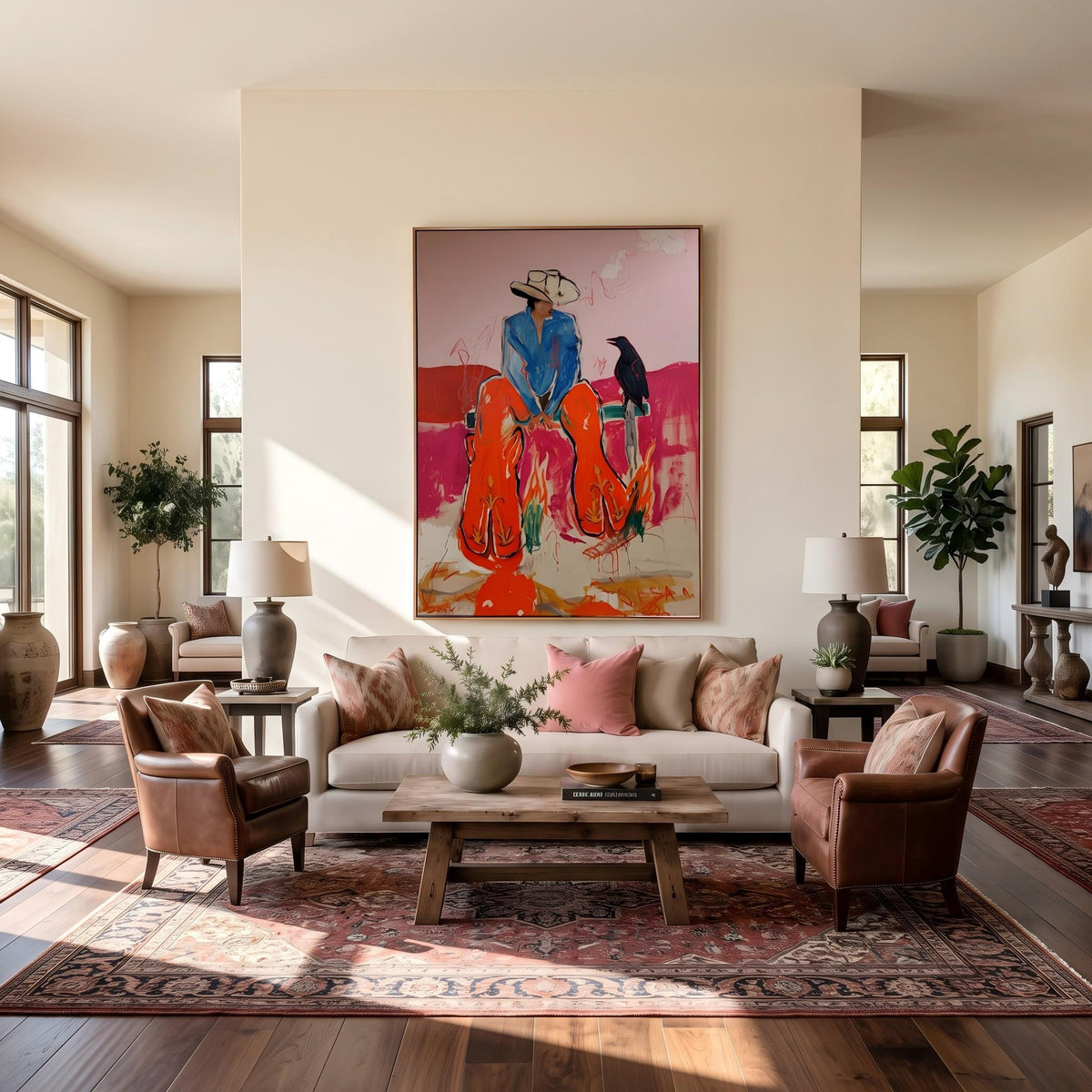 Crow Keeps Cowboys Company – Pop Art Western Figures Painting | Bright Orange Vertical Wall Art