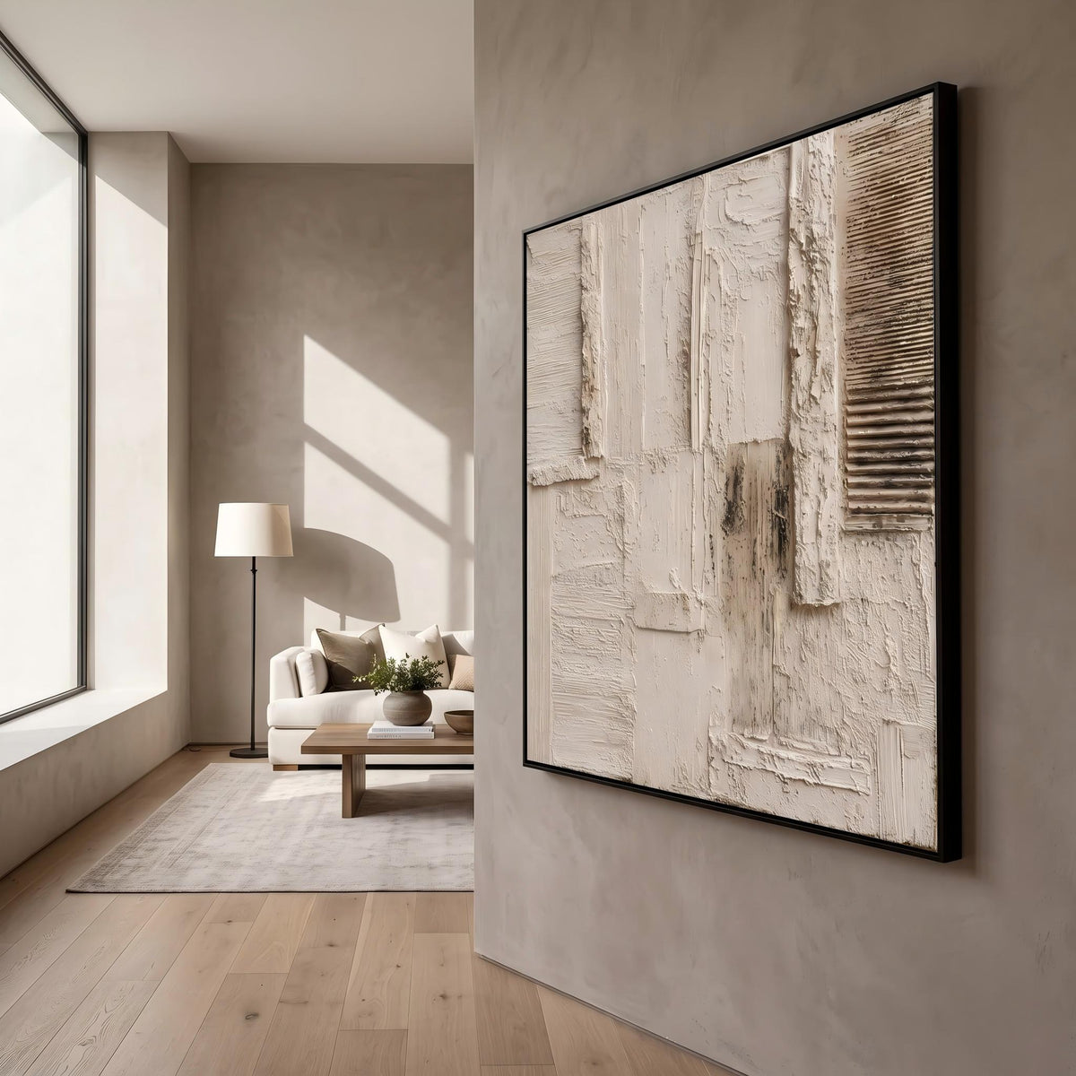 Ivory Grid in Silence – White Beige Geometric Painting | Textured Square Wall Art