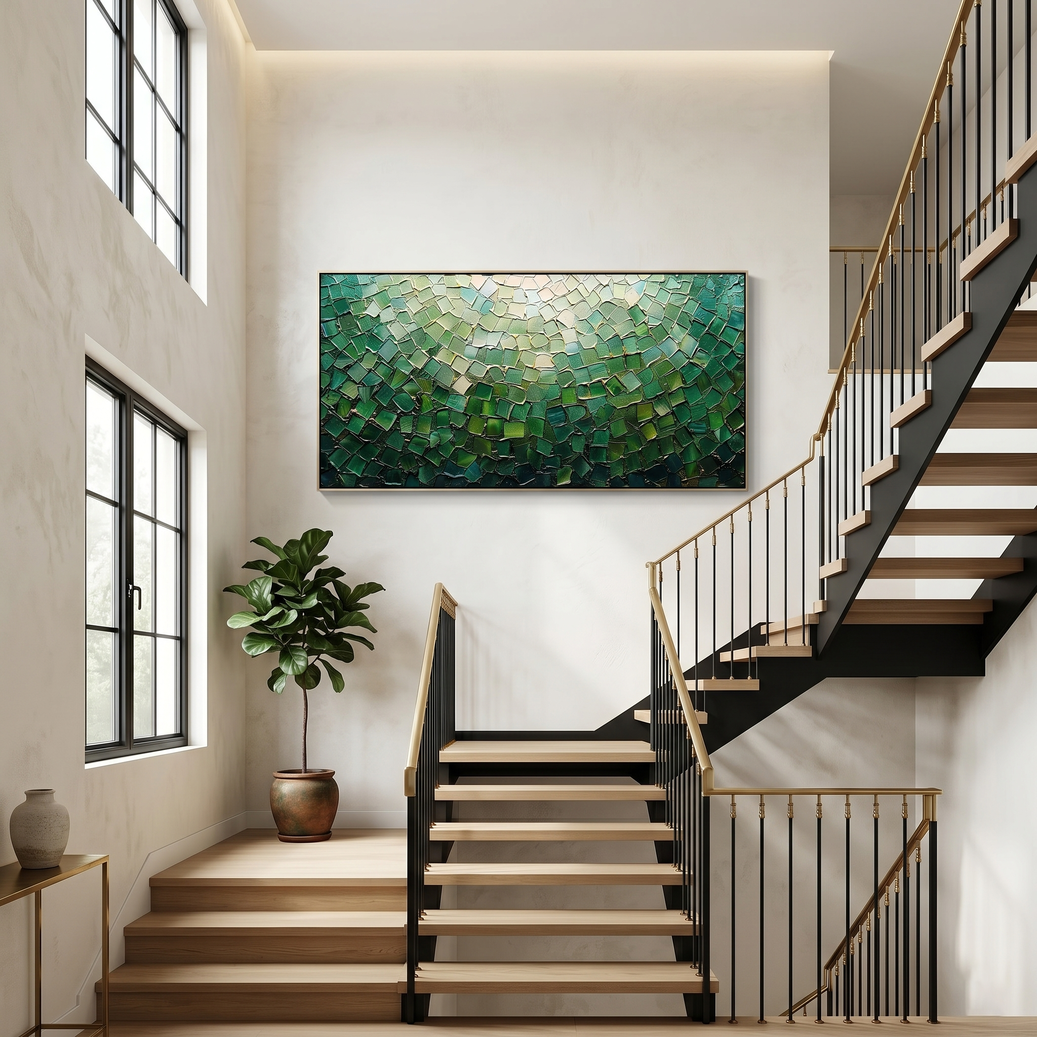 Emerald Scales – Modern Impasto Mosaic Abstract Painting | Luxury Gilded Teal Panorama Living Room Art