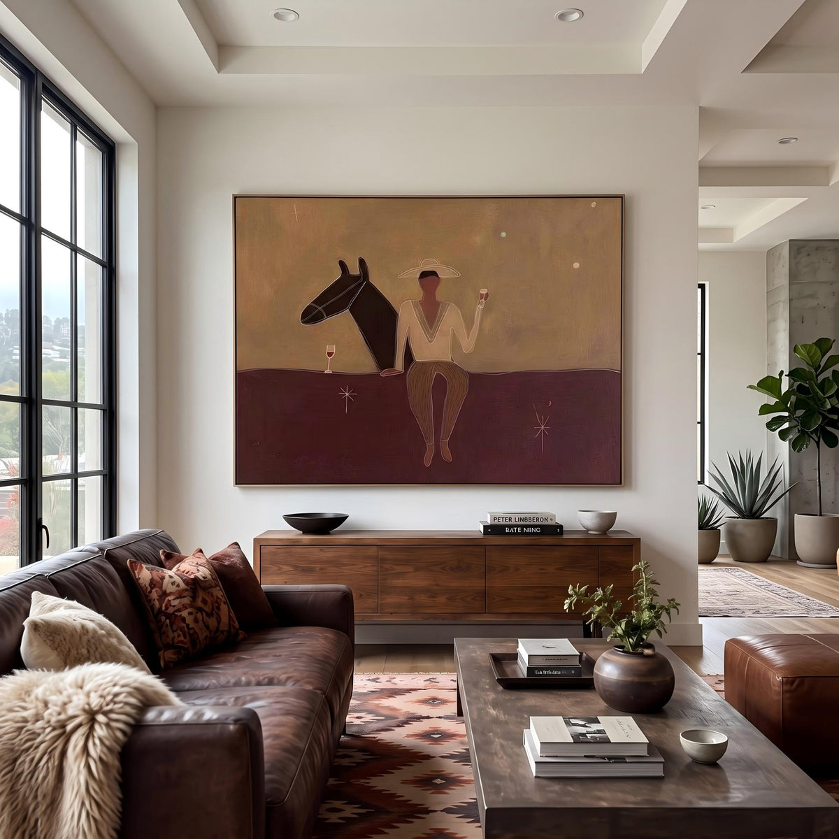 Rider Resting on Chestnut – Minimalist Cowboy Horse Painting | Warm Horizontal Western Wall Art