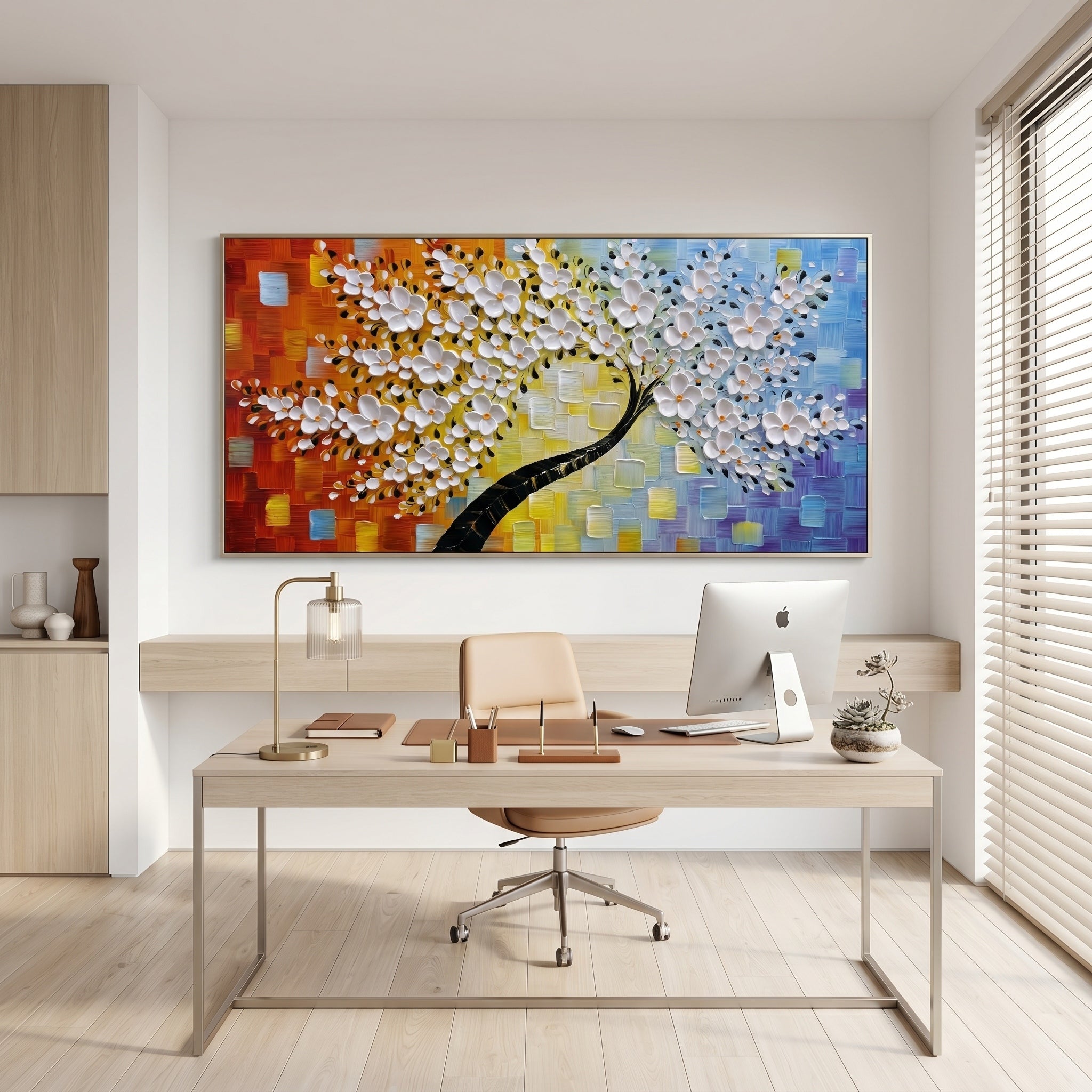 Dance of Life – Modern Textured Impasto Flower Tree | Artful Warm-Cool Contrast Entryway Wall Art