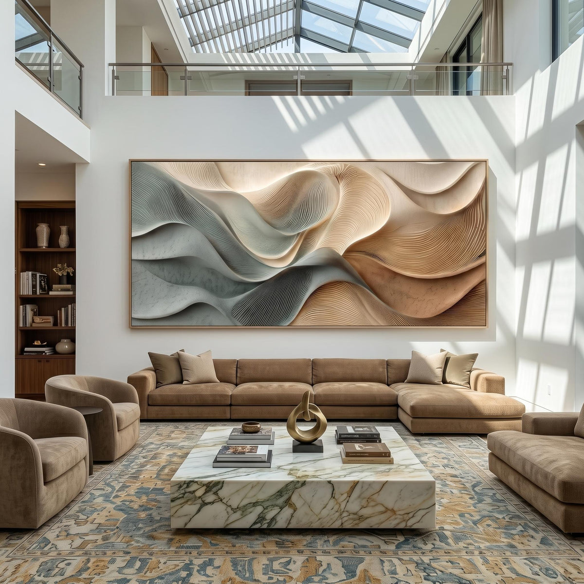 Tides Fold Into Sand – Blue Beige Sculptural Abstract Painting | Textured Horizontal Wall Art