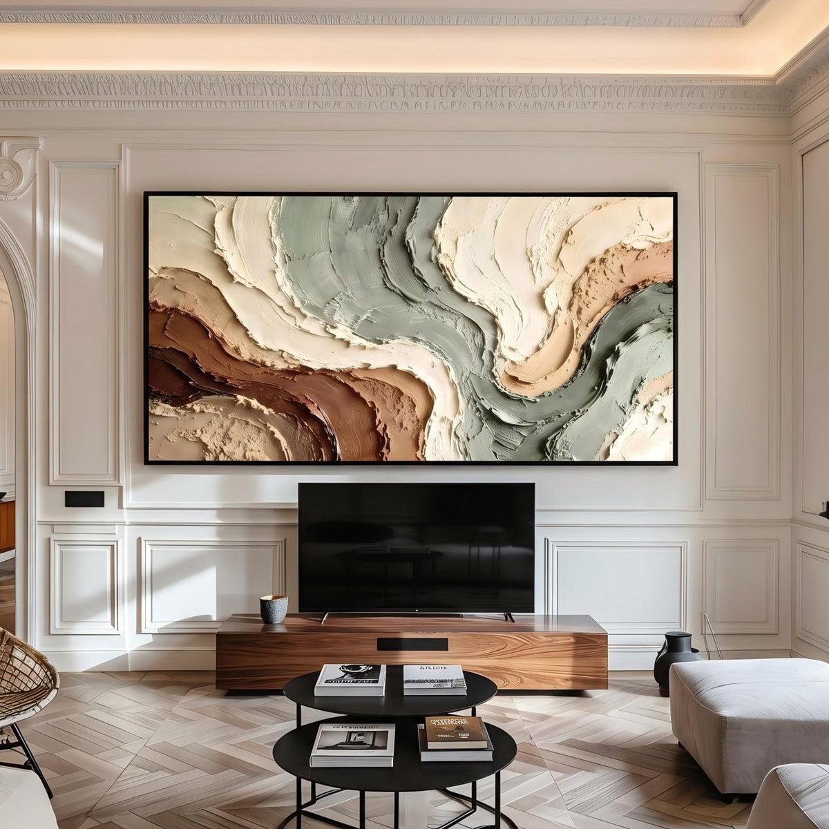 Earth Currents Unfold – Green Brown Layered Abstract Painting | Wabi-Sabi Horizontal Wall Art