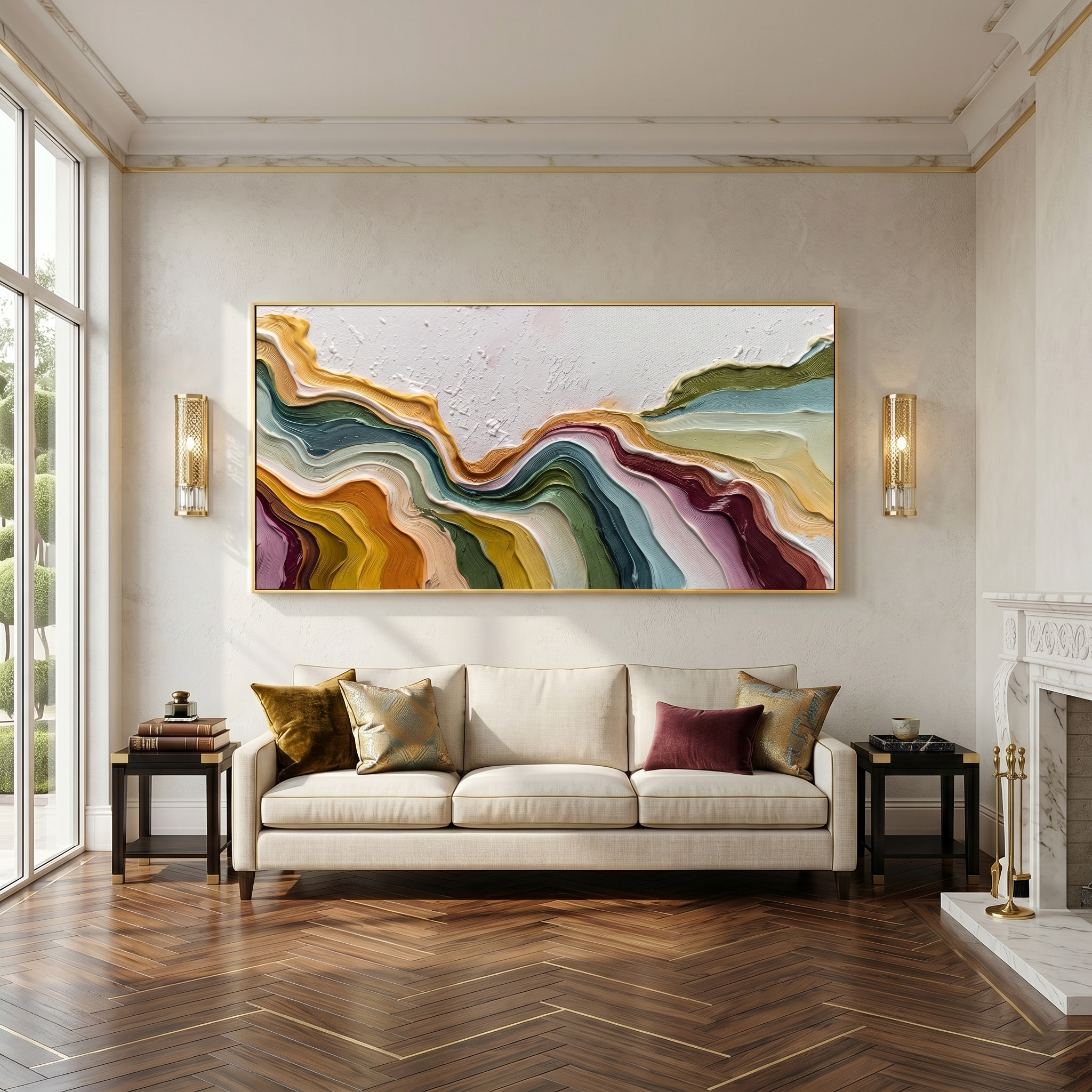 Flowing Rhythms – Heavy Texture Colorful Fluid Abstract Painting | Minimalist Horizontal Entryway Art