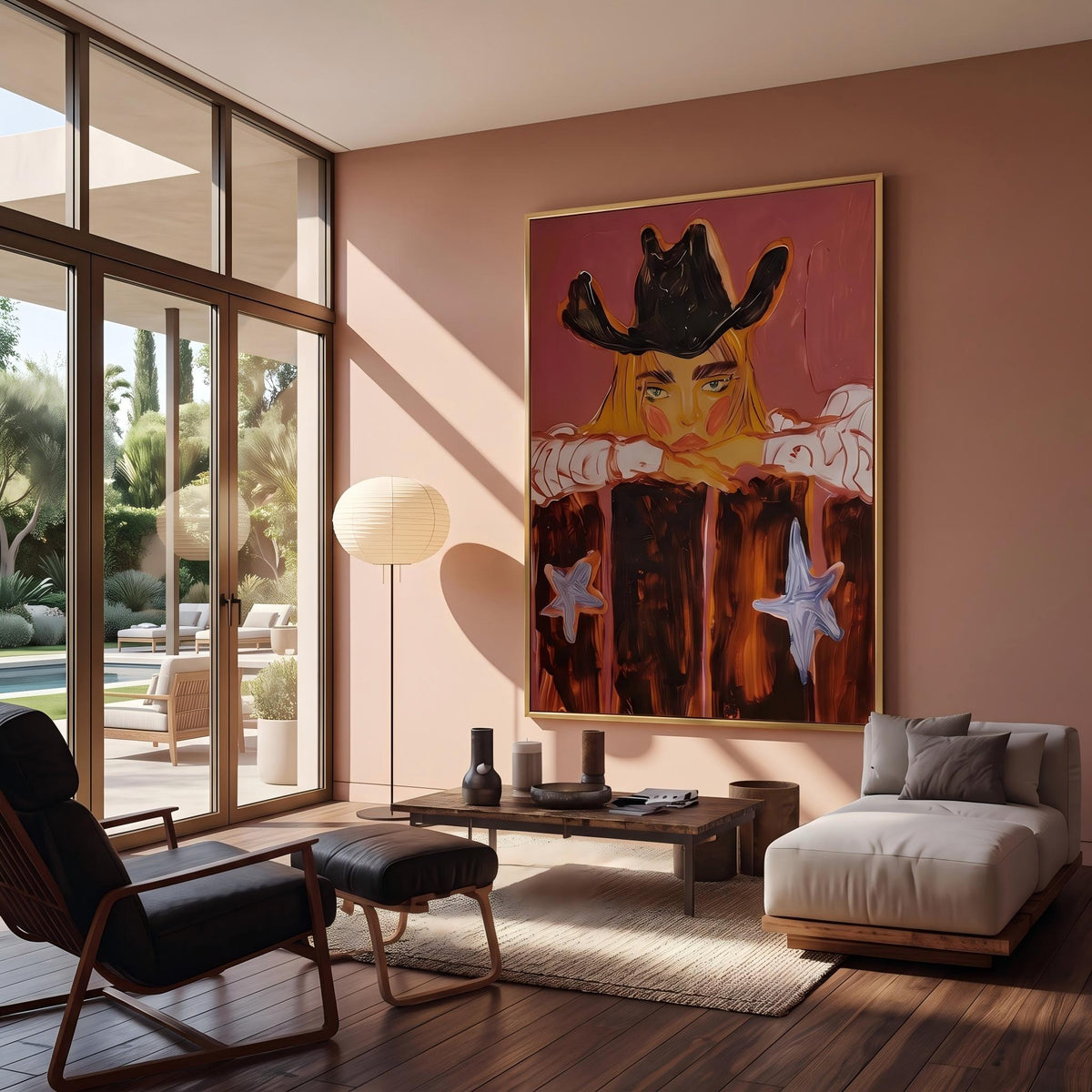 Cowboy Leans Through Sunset – Pop Art Western Figure Painting | Warm Red Vertical Wall Art