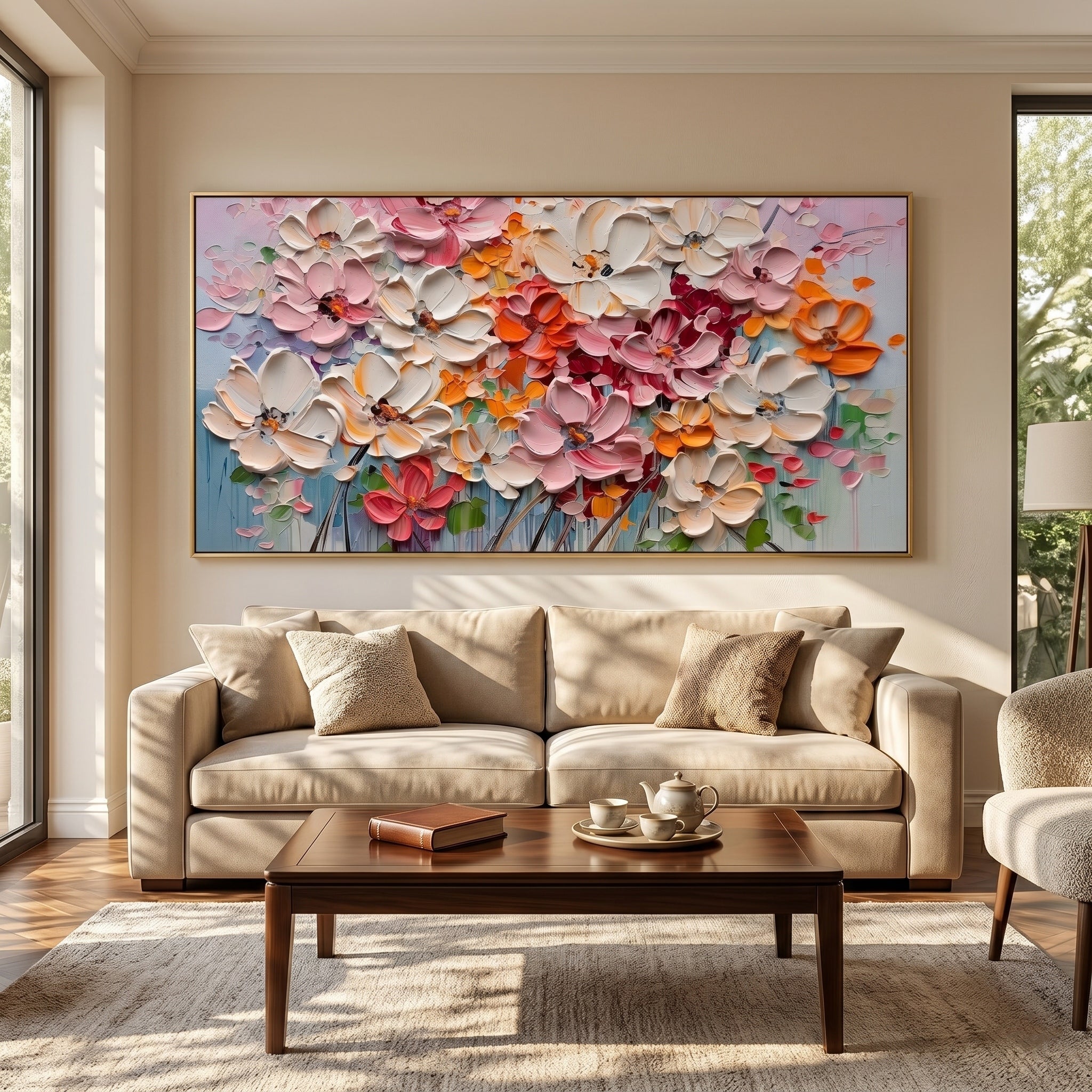 Petals in Poetry – Modern Impasto Floral Oil Painting | Textured Creamy Style Living Room Art