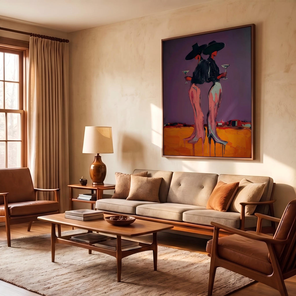 Two Cowgirls After Sunset – Pop Art Western Women Painting | Bold Purple Vertical Wall Art