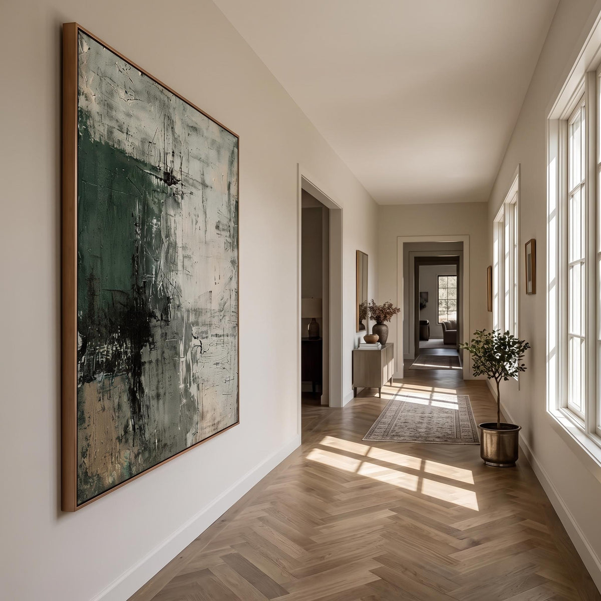 Forest Shadow Imprint – Dark Green Textured Abstract Painting | Contemporary Vertical Wall Art