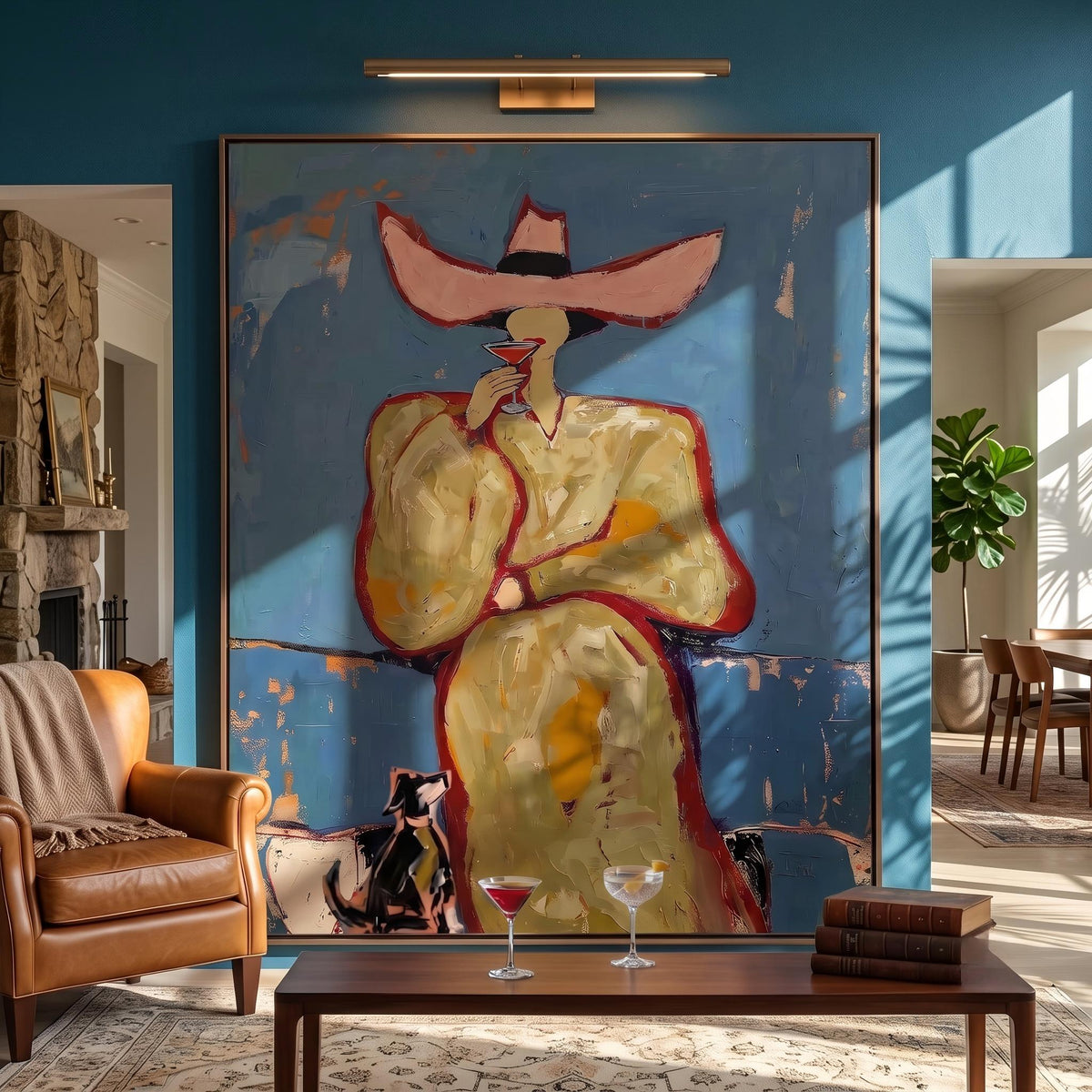 Midnight Hat Rides Tall – Pop Art Western Woman Painting | Blue Vertical Wall Art