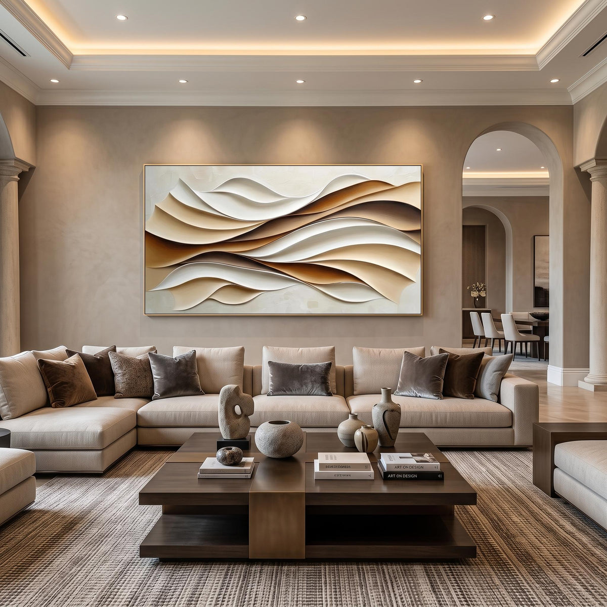 Sand Waves in Relief – Cream Brown Layered Abstract Painting | Wabi-Sabi Horizontal Wall Art