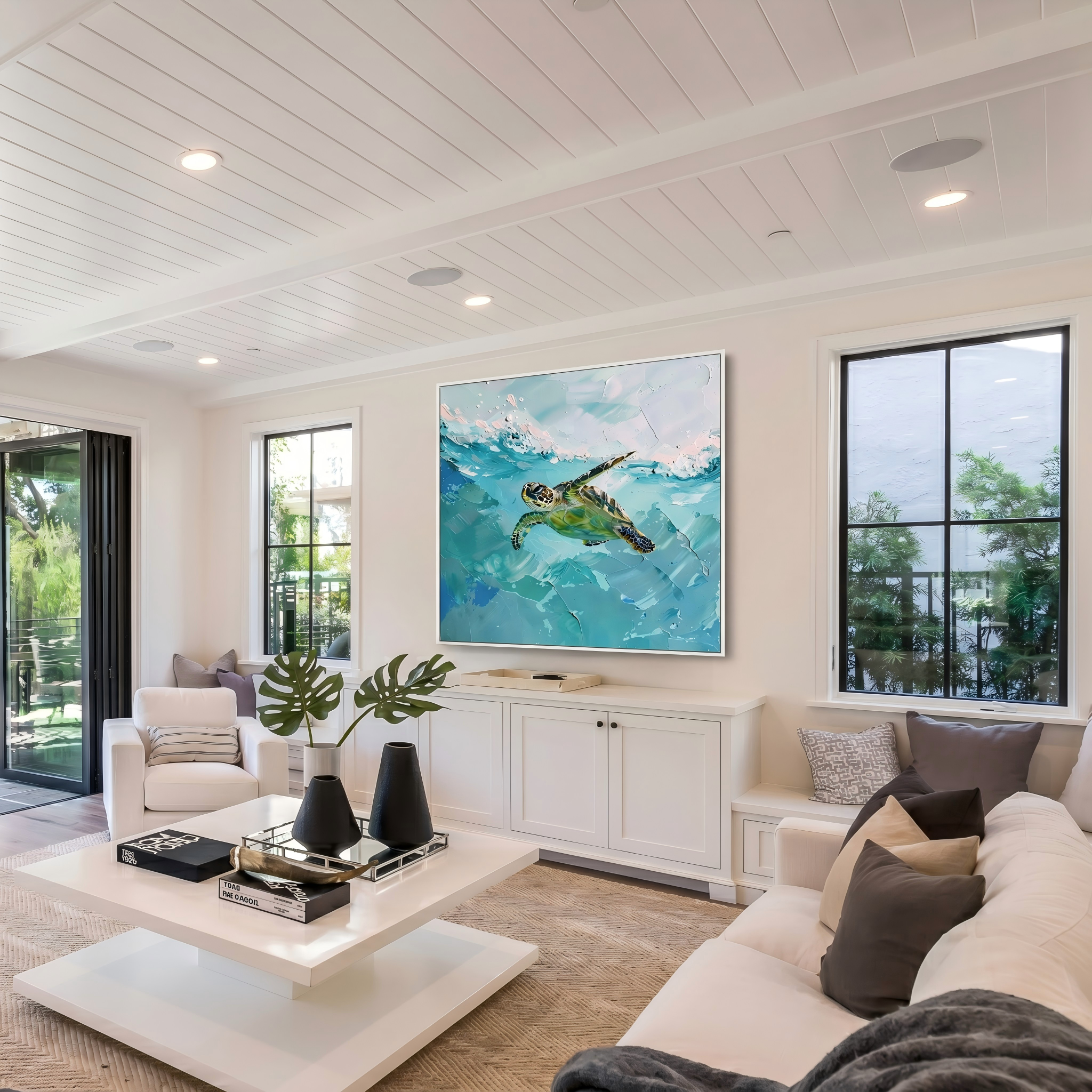 Azure Voyager – Modern 3D Heavy Impasto Sea Turtle Oil Painting | Ocean Themed Textured Hallway Decor