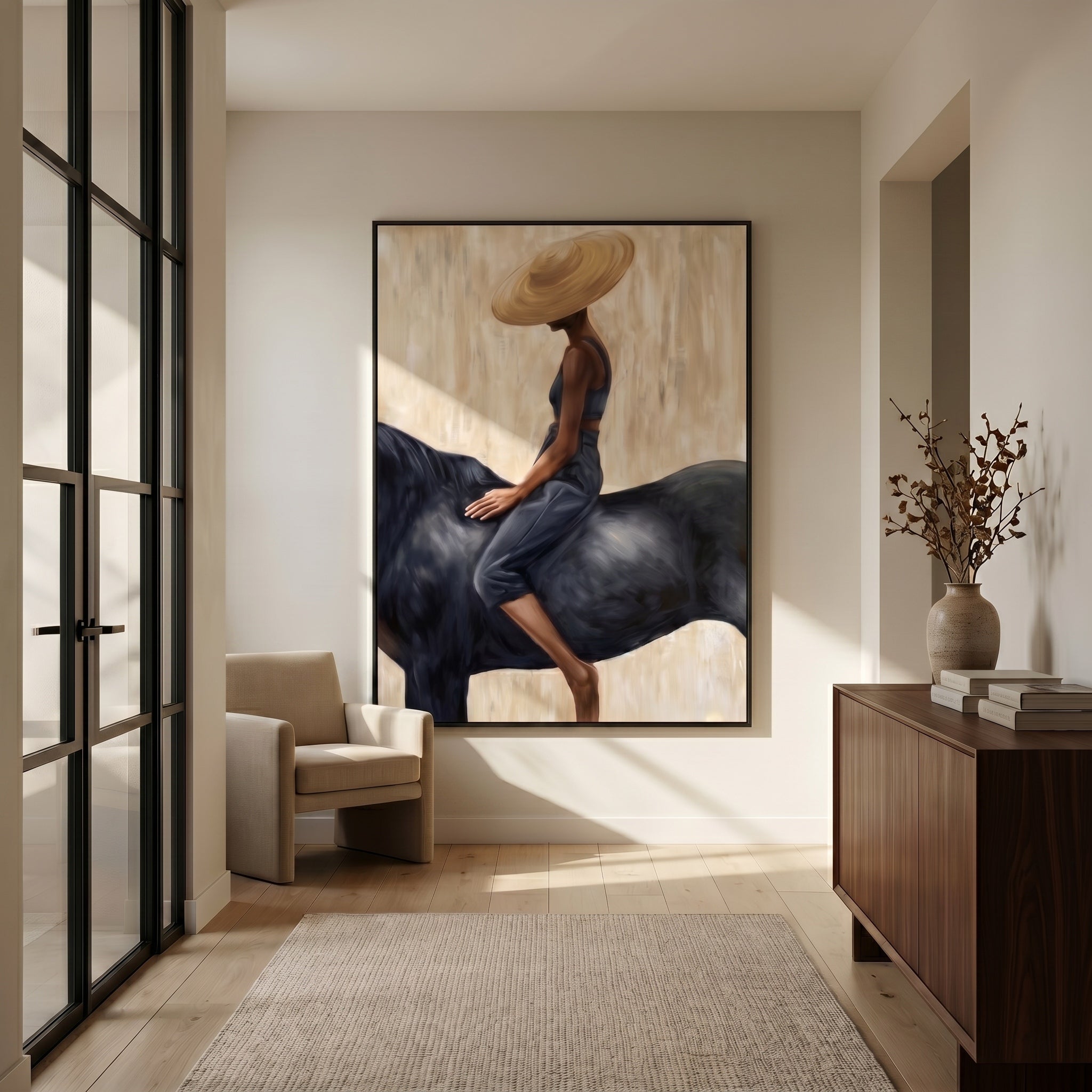 Grace in the Wild - Modern Fashion Black Horse & Woman Painting | Luxury Minimalist Living Room Art